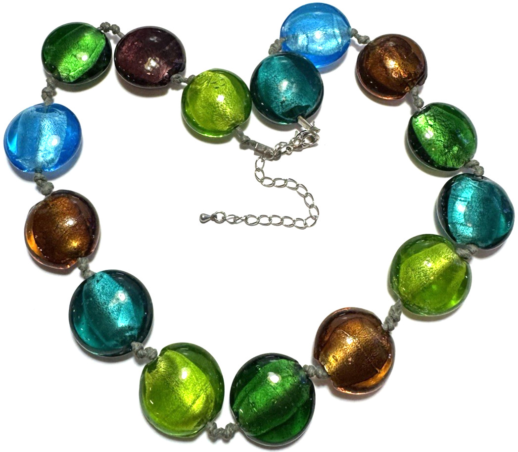 Vintage Jewelry Necklace Large Bubble Glass Beaded Hand Knot Green Blue 13