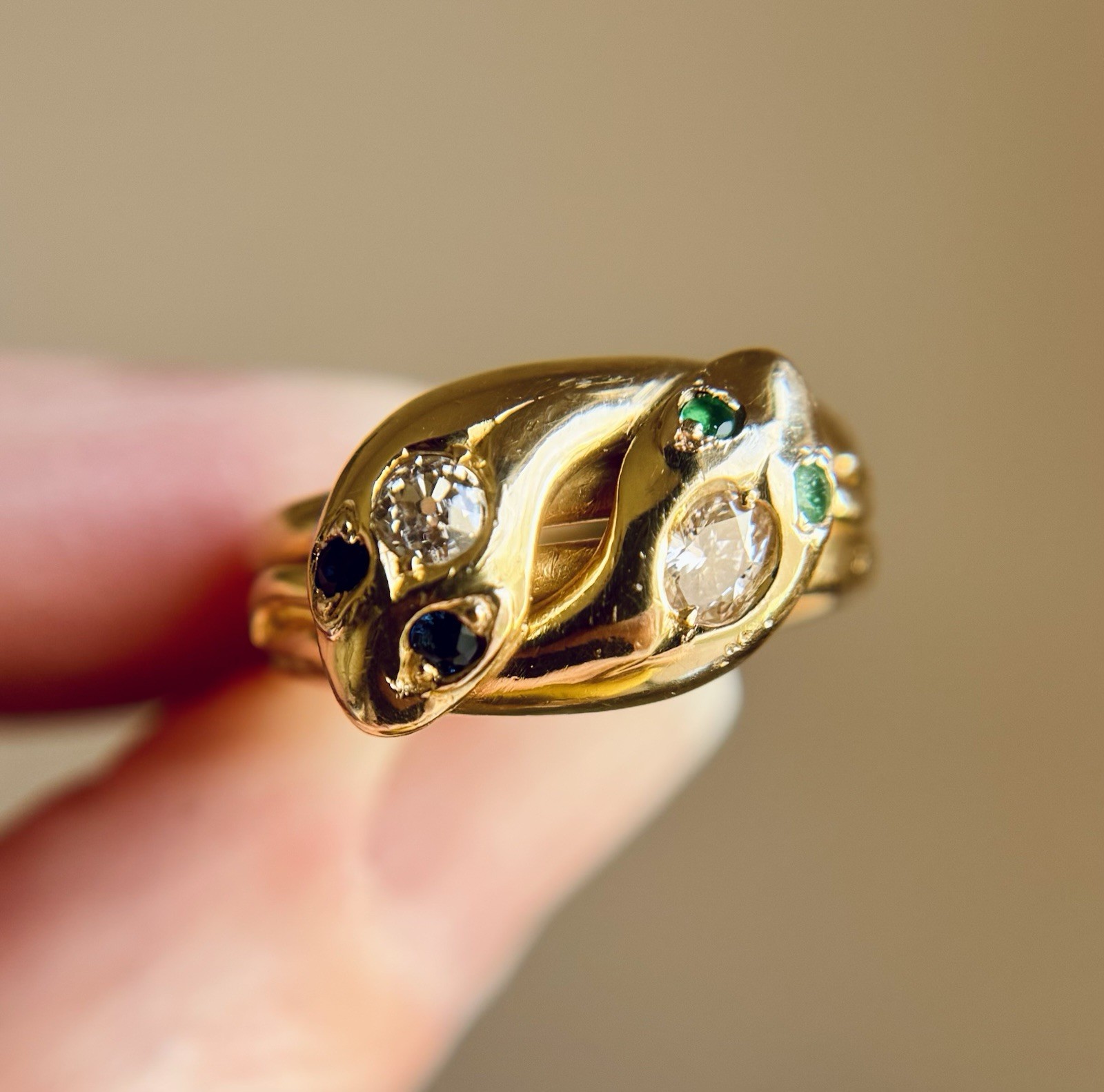 Antique Victorian 18K Gold Diamond Sapphire Emerald Double Snake Ring Sz 7.75 8g