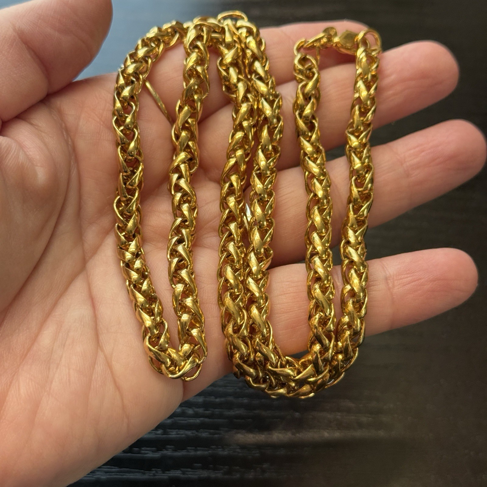 Vintage MONET Gold Plated Thick Wheat Spiga Chain Necklace 24″ Chunky
