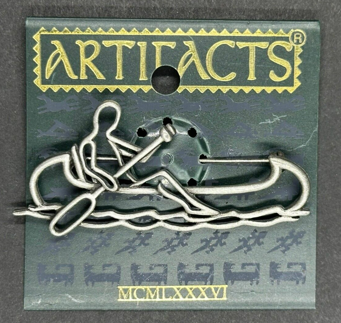 J J Jonette Jewelry Vintage NWT Canoe Paddle Person Waves Brooch Pin Pewter