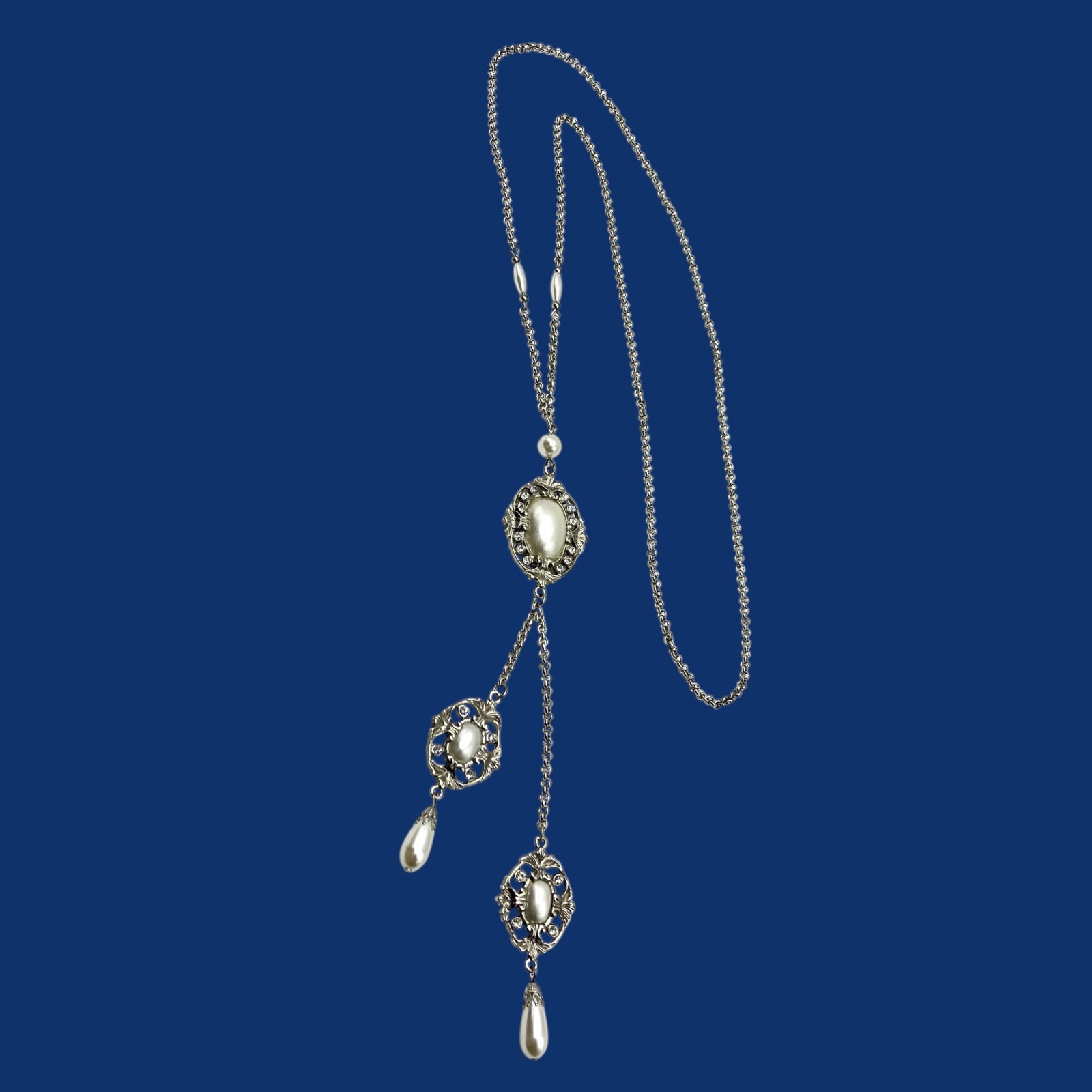 Vintage Y Drop Necklace Imitation Pearl Cabochon Dangle Charm Victorian Style