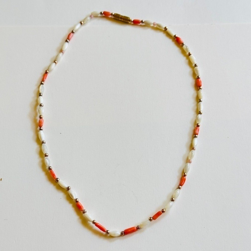VTG Estate Mother of pearl pink Coral Necklace Beaded natural genuine Beads 16″