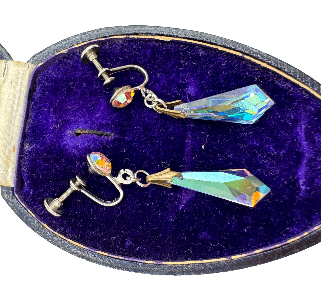 AURORA BOREALIS STELLA CRYSTAL OBELISK GORGEOUS VINTAGE DROP EARRINGS SCREW BACK