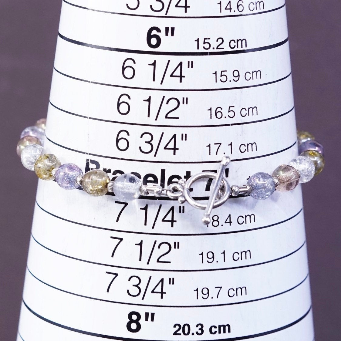 7″, vtg Sterling silver handmade chain crystal beads bracelet w/ toggle closure