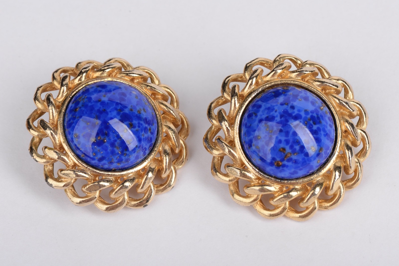 Vintage Gay Boyer Blue Cabochon Gold Tone Clip On Earrings 1.38in