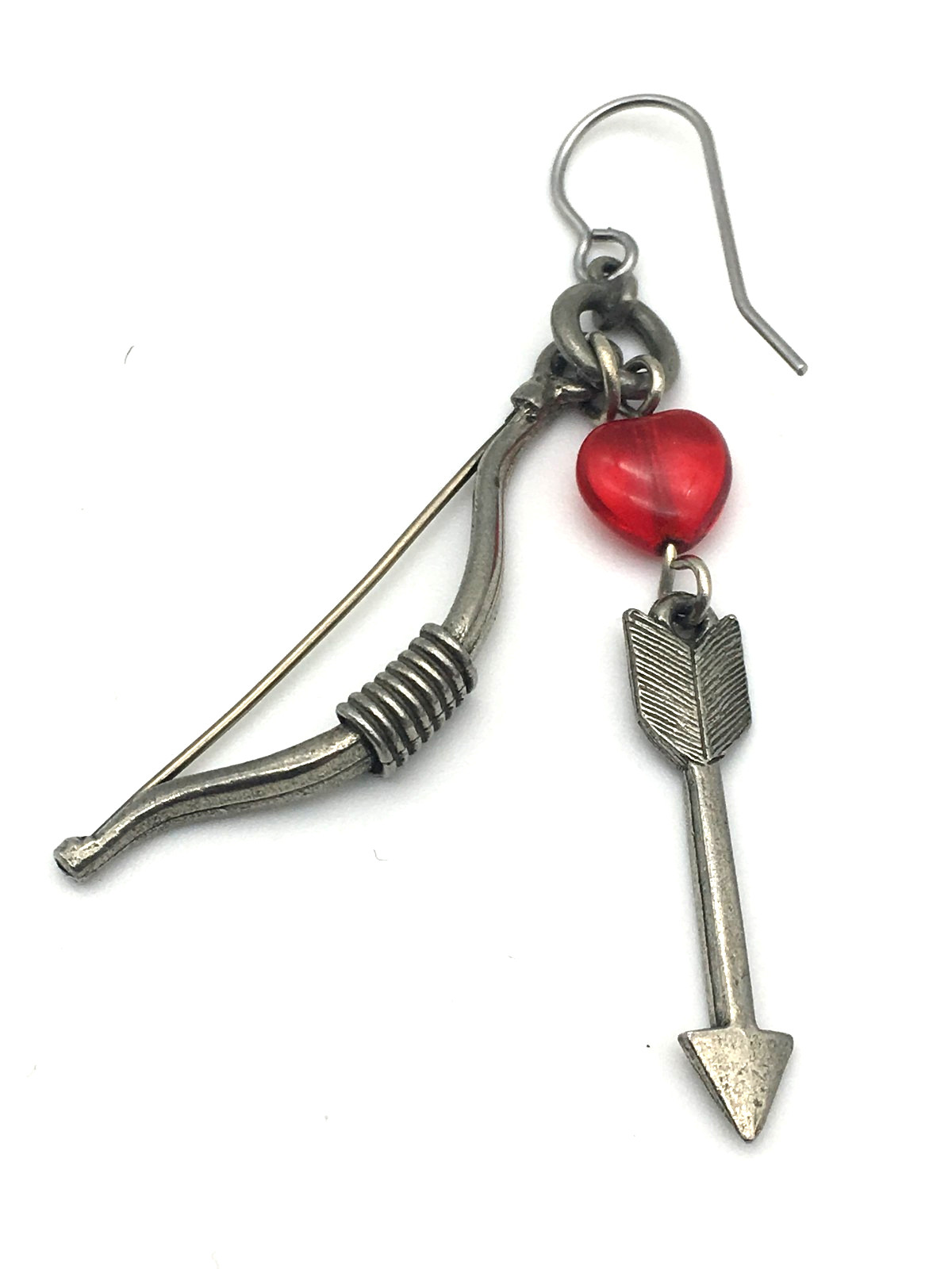 CLIFT Signed Pewter Bow & Arrow Red Lucite Heart Dangling Fish Hook Earrings
