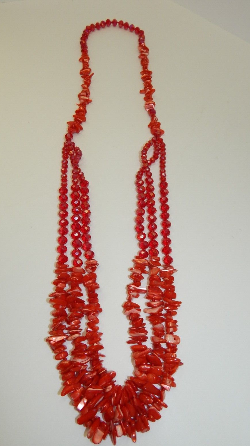 Coral Pink Abalone & Fuchsia Red Aurora Borealis Crystal Beaded Necklace Knotted