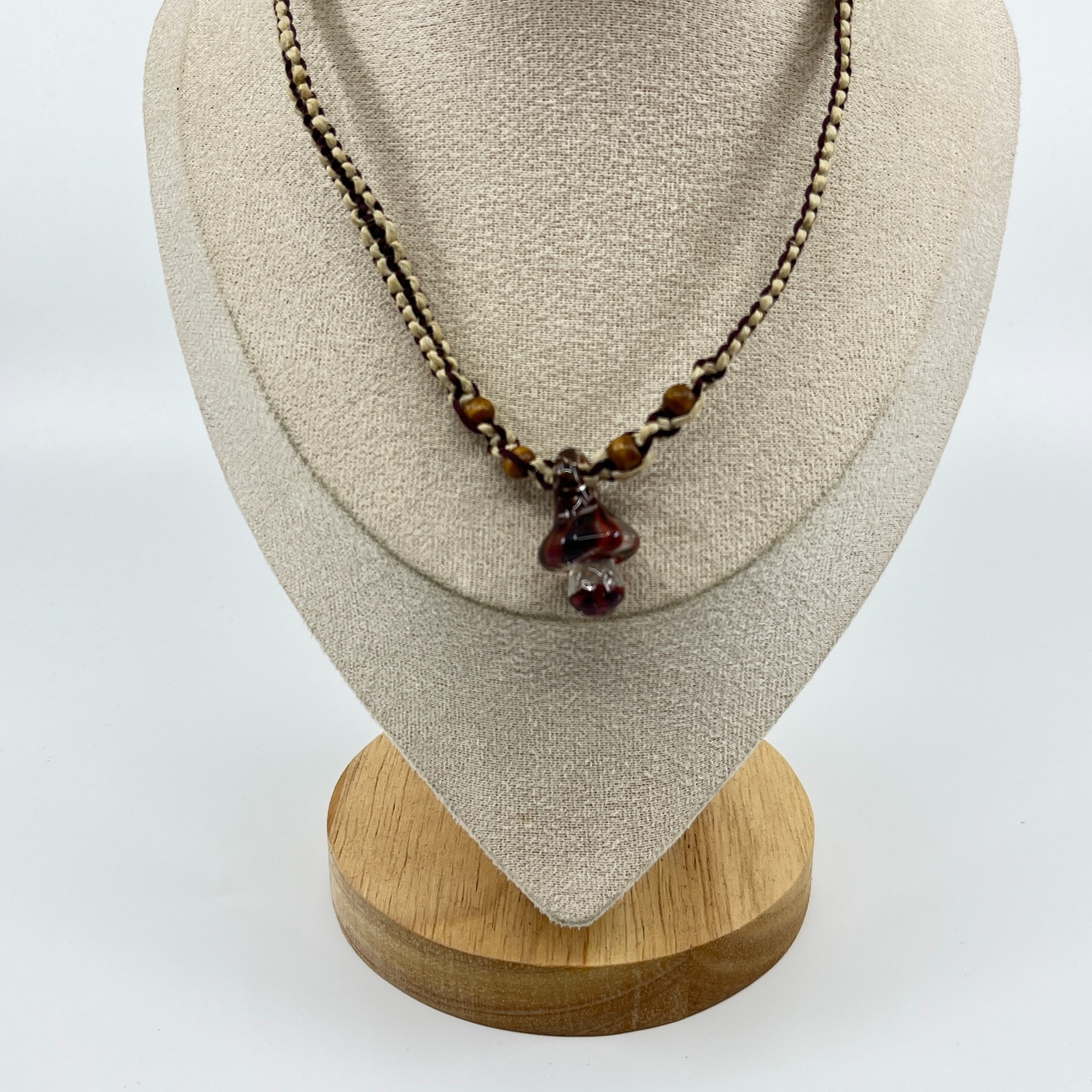Vintage Retro Boho Hemp Choker Red Swirl Glass Mushroom Pendant Wooden Beads