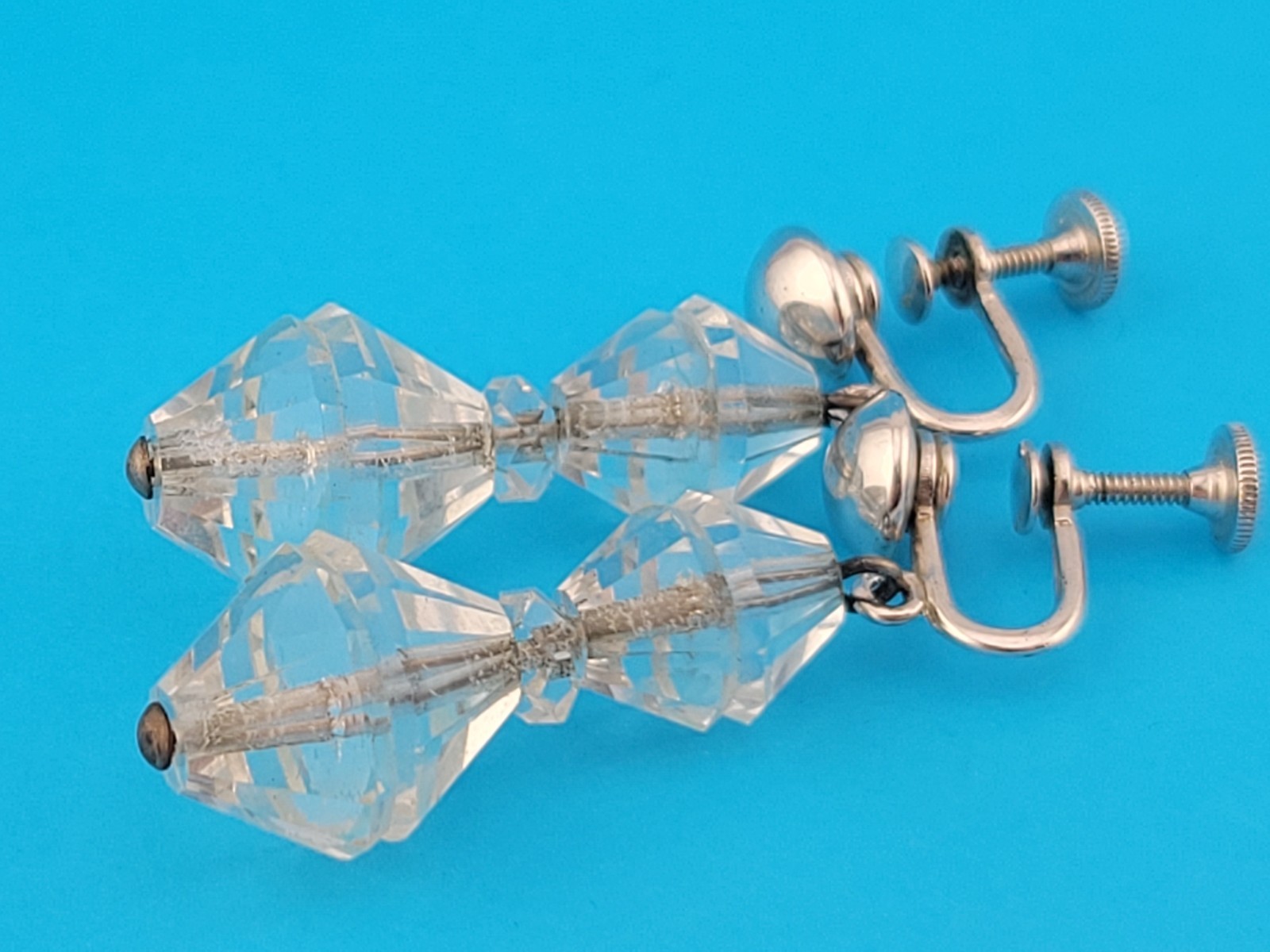 Signed BB Faceted Rock Quartz Crystal Bead Sterling Silver Chandelier Earrings