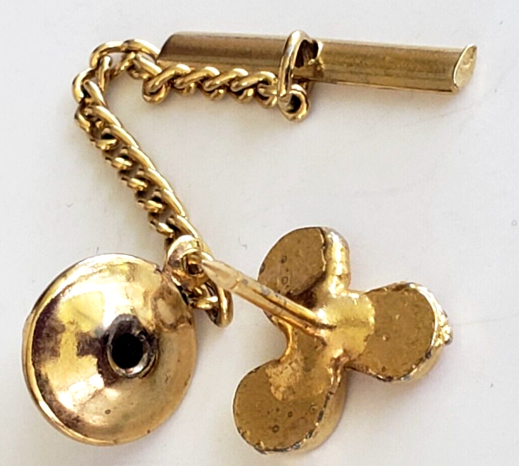 Vintage 3 Propeller Blade Fan Gold Tone Lapel Tie Pin 7/16″ w/ Safety Chain