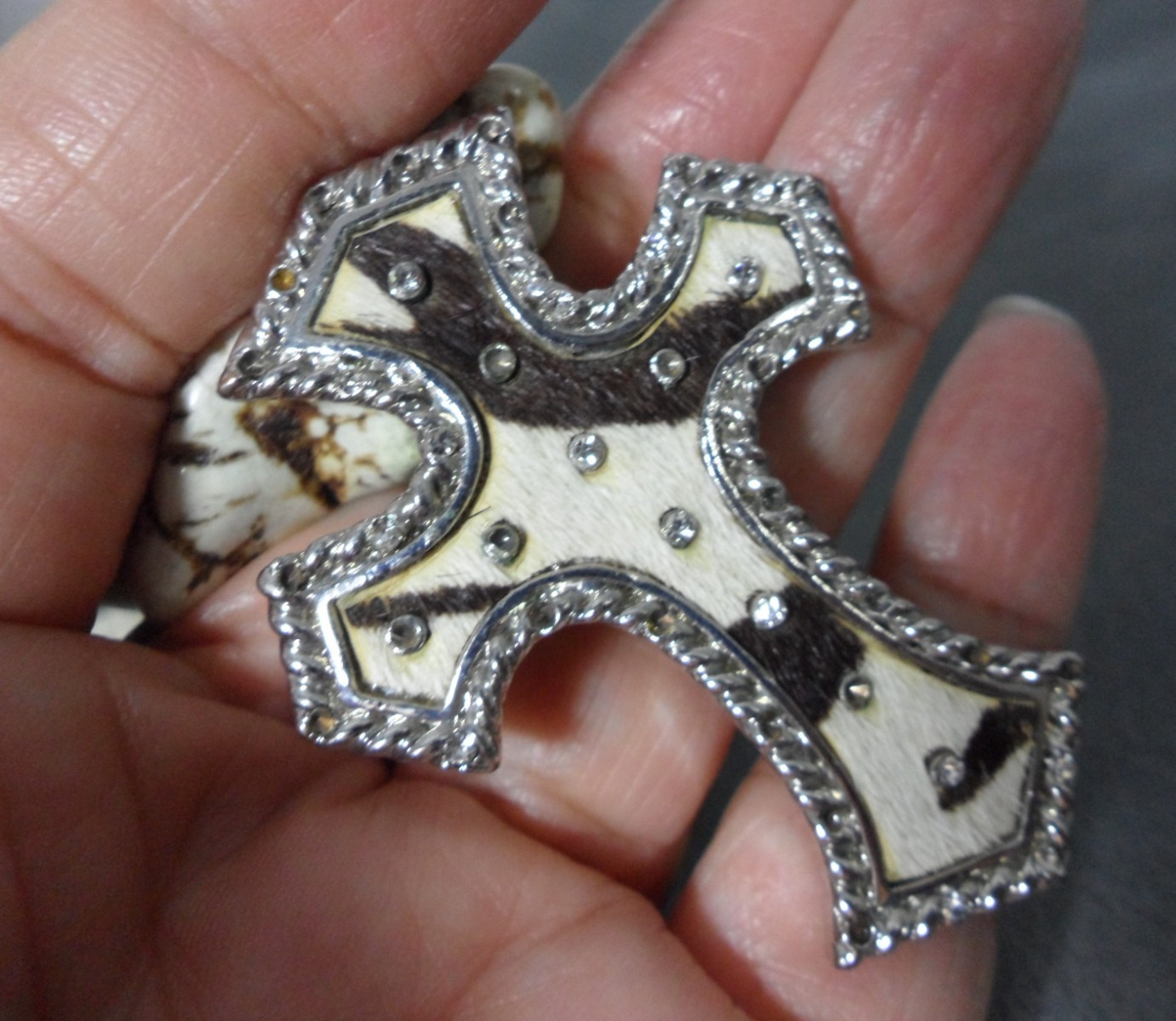 Cowhide Cross Pendant Necklace White Turquoise Nugget Beads Country Cow Girl Vtg
