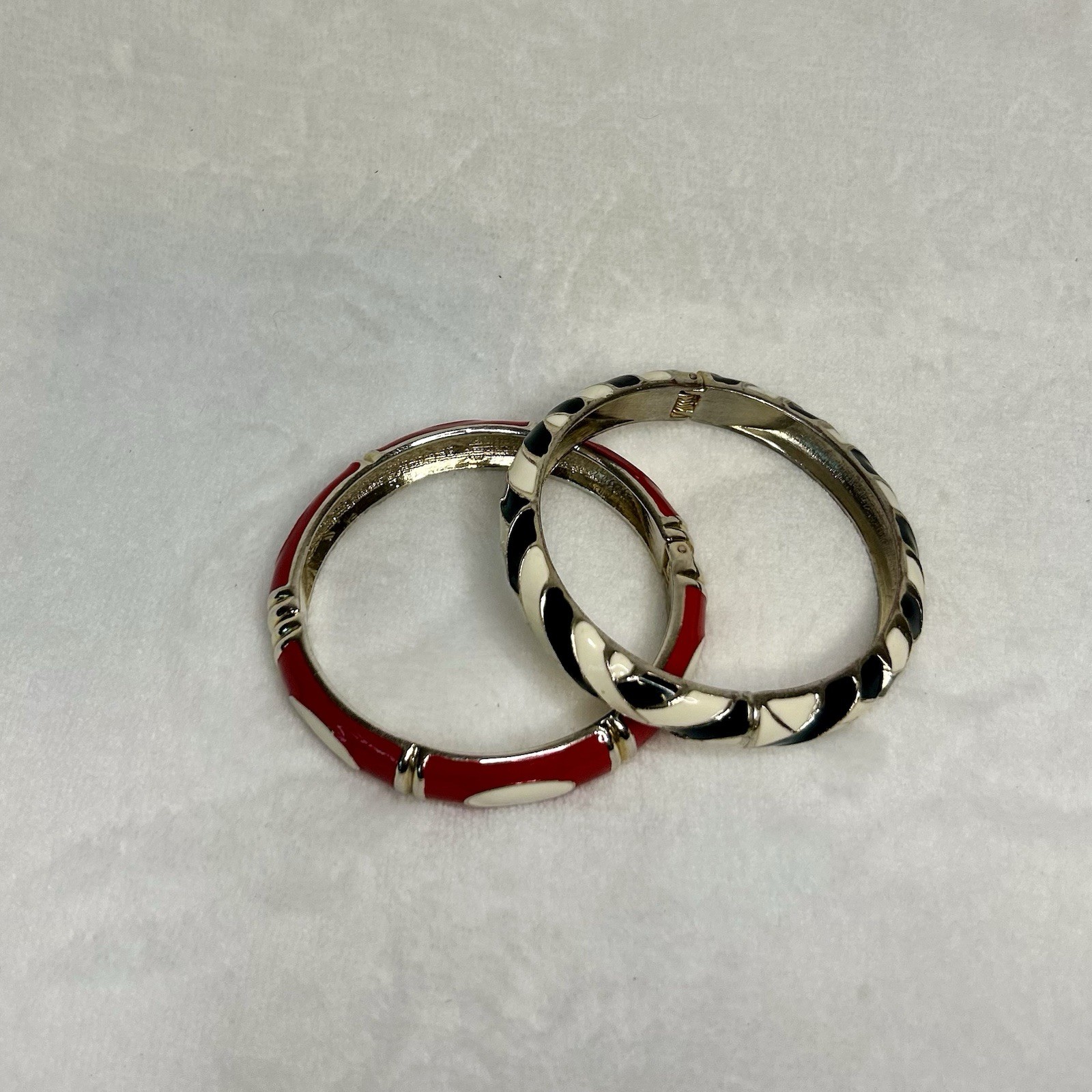 Vintage Enamel Bangle Bracelet Set Of 2, Hinged Gold Tone Red White Black