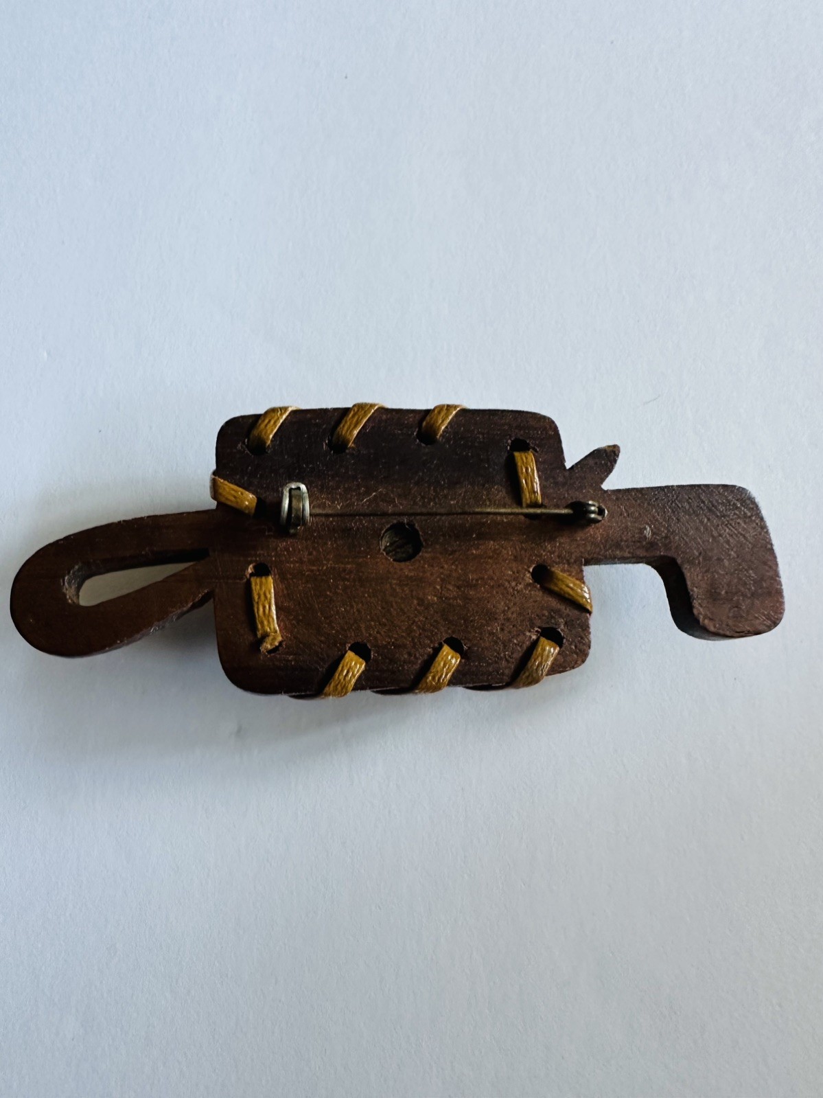 Vintage Hand Carved Brown Wood Horse Head Equestrian Pin Leather 30s Deco Brooch