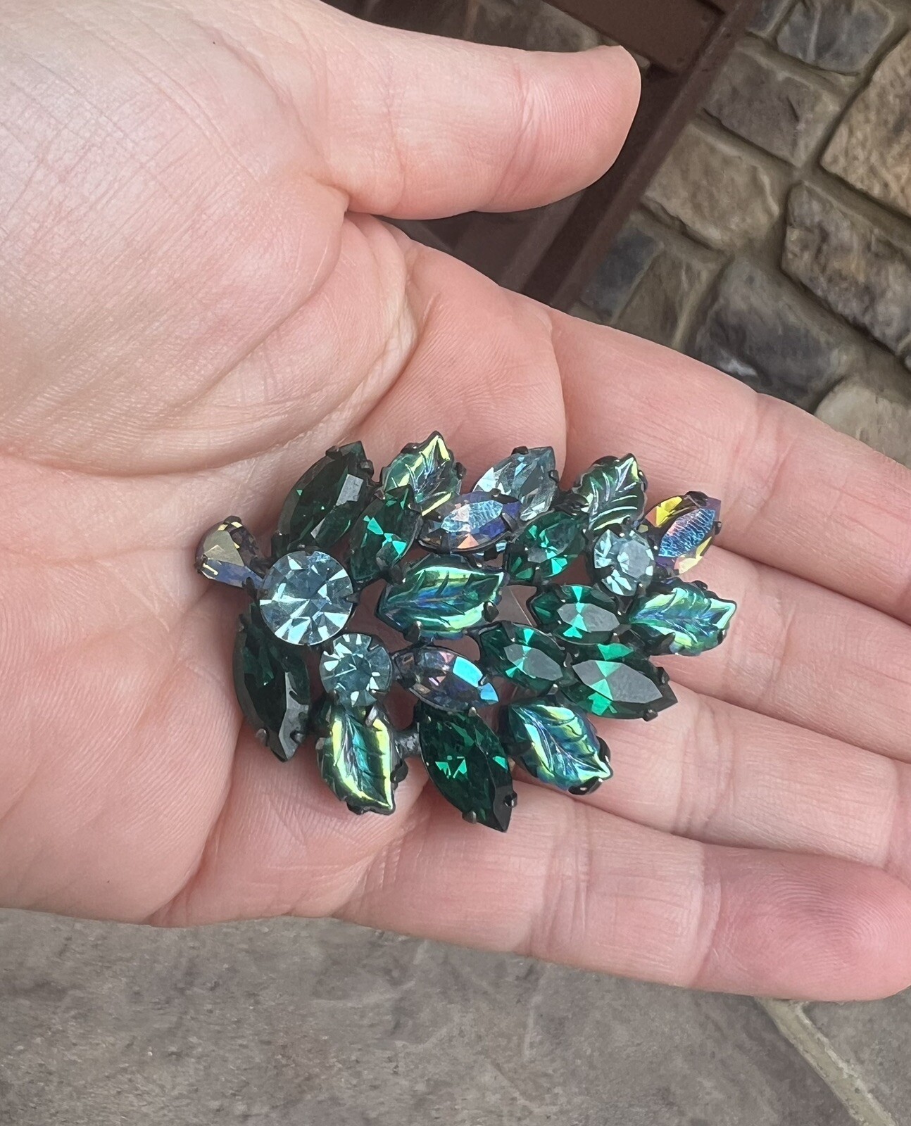 Vintage Signed Regency Green Teal Blue Molded Glass Leaf AB Rhinestone Brooch