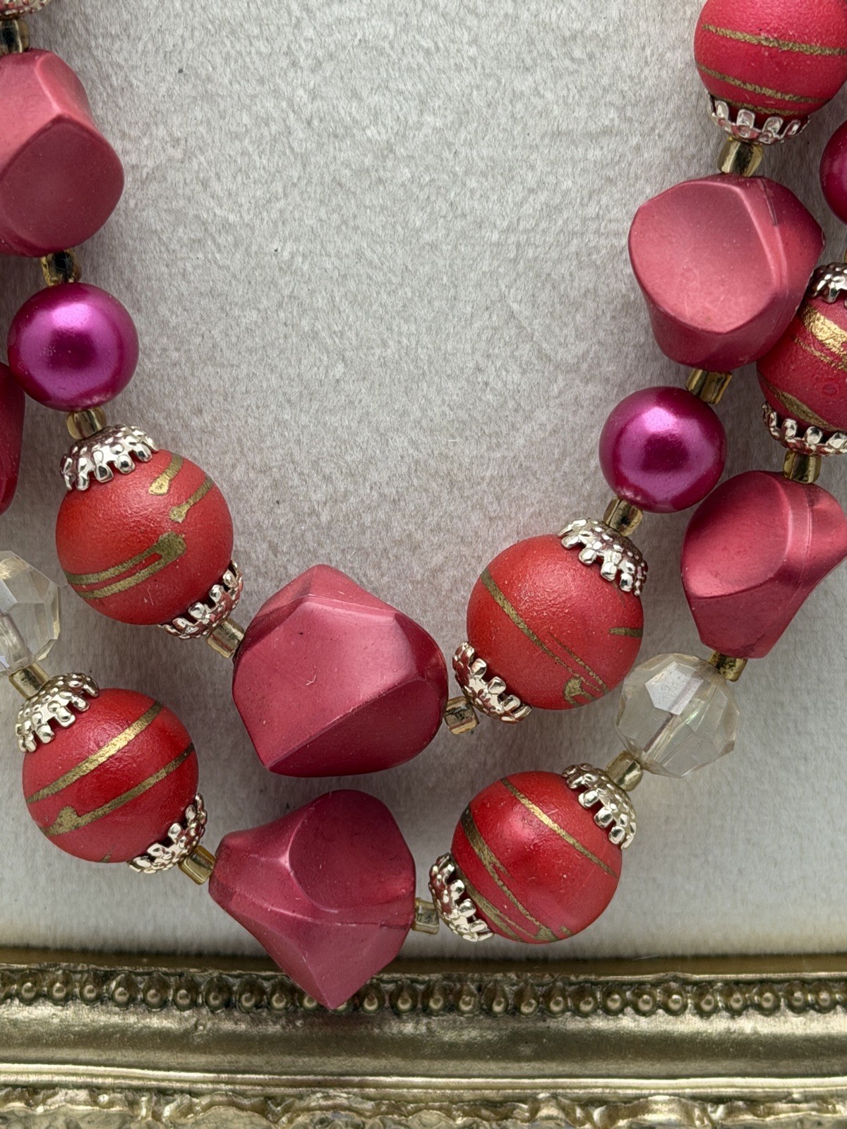 Vintage Japan Made Marked Pink & Red Three Strand Draping Beaded Necklace
