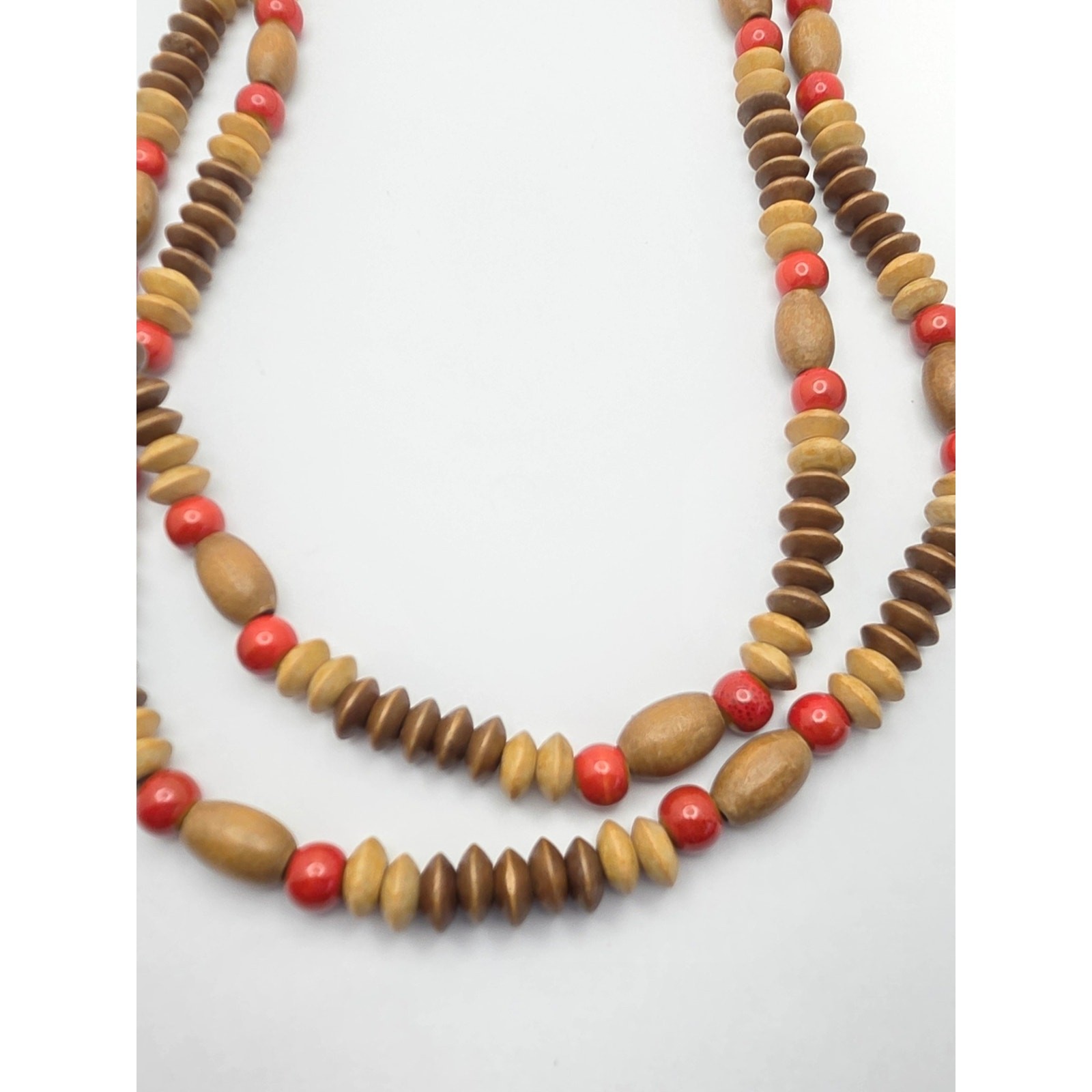 Vintage Multi-Strand Wood & Ceramic Bead Statement Necklace – 20” Boho
