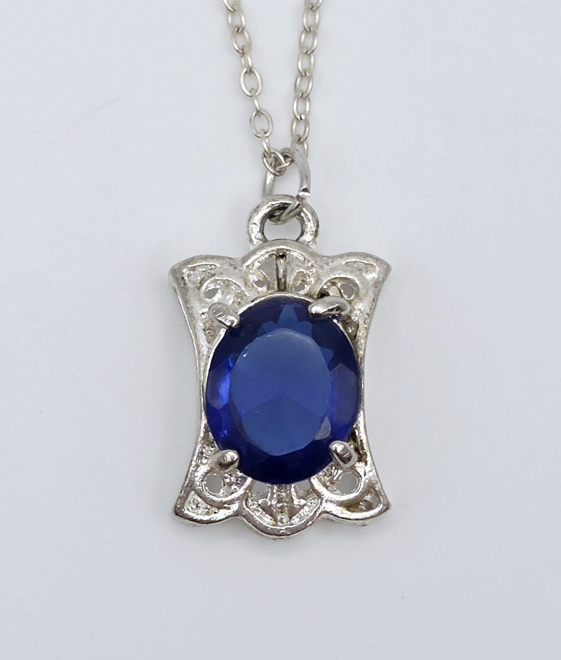 Vintage Blue Glass Pendant Necklace Art Deco Style Silver Tone Filigree