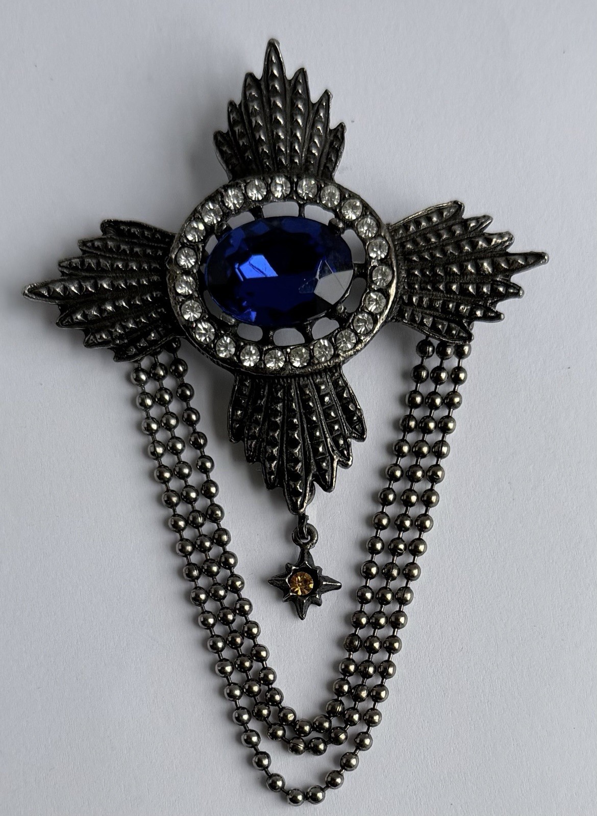 Vintage 1980’s Blue Festoon Brooch Clear Rhinestone Chain Dangle
