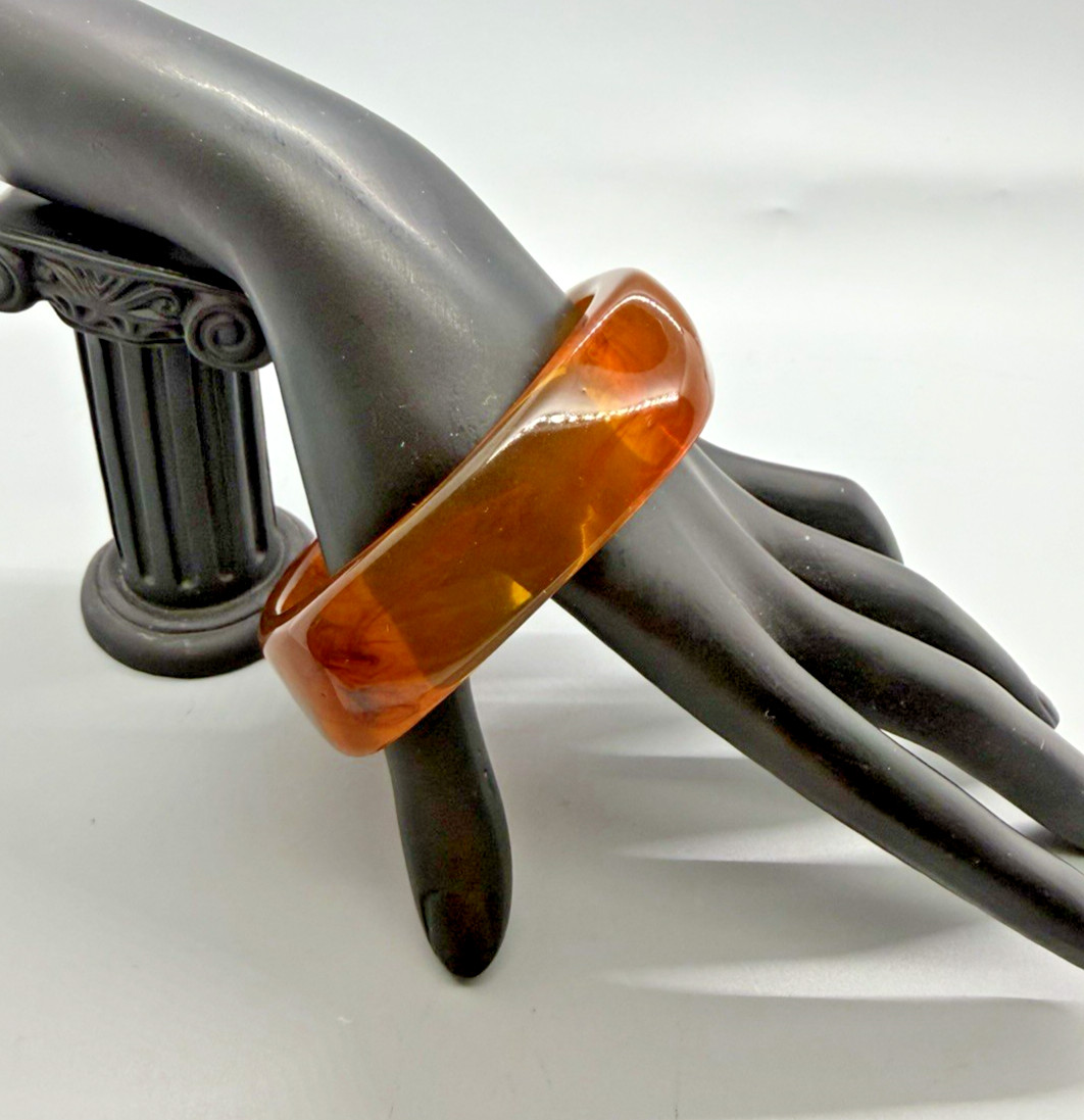 Vintage Brown Lucite Statement Bangle Bracelet Marbled Square Modern Sz 8.25