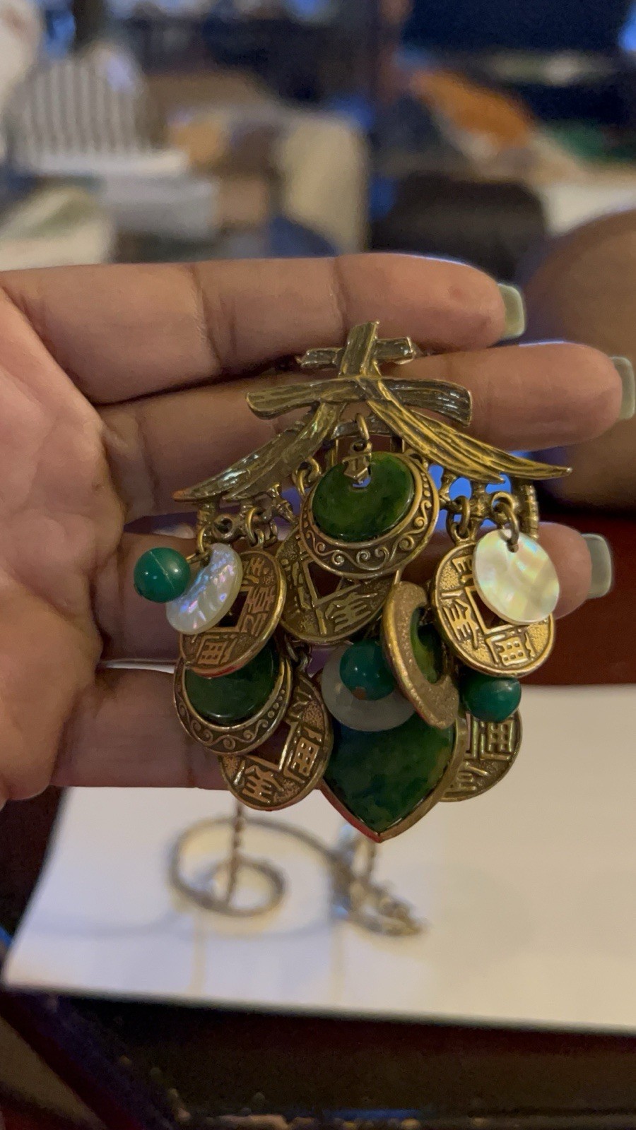 Vtg ART Arthur Pepper Asian Revival Charm Necklace Faux Jade Chinese Coin