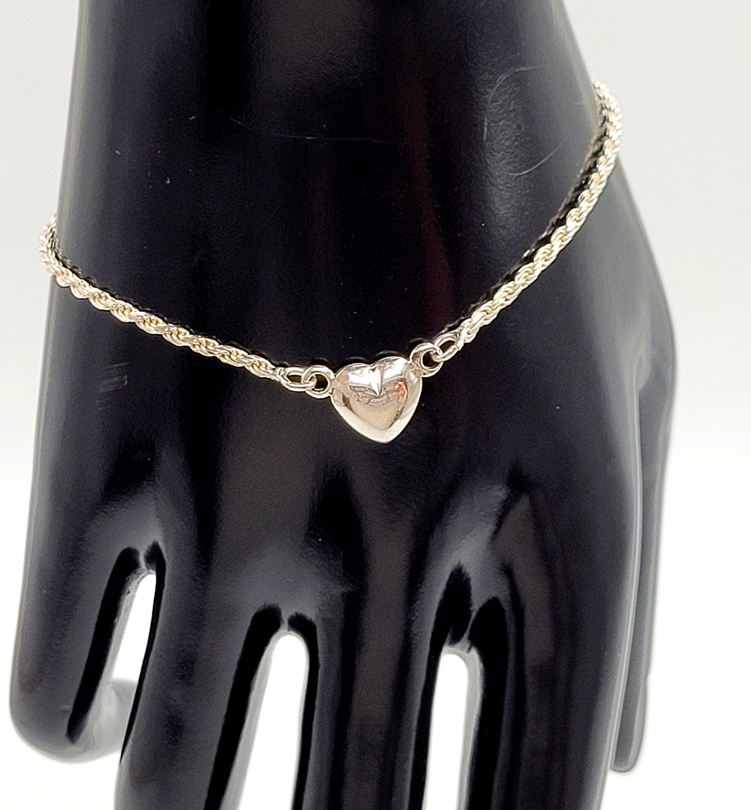 Minimalist Dainty Puffed Heart Station 925 Sterling Rope Chain Bracelet 7.25 in