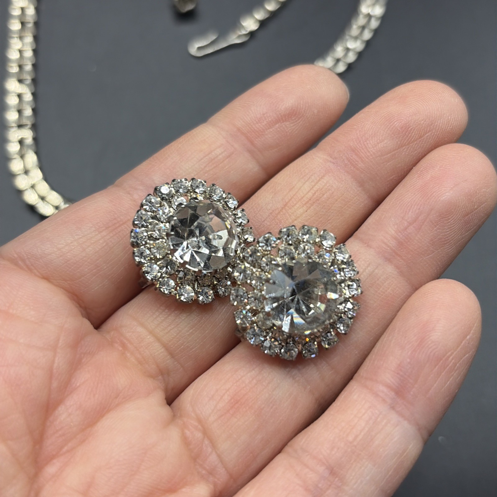 Vtg Estate AB Rhinestone Necklace & Earrings Jewelry Set Designer Quality Prong