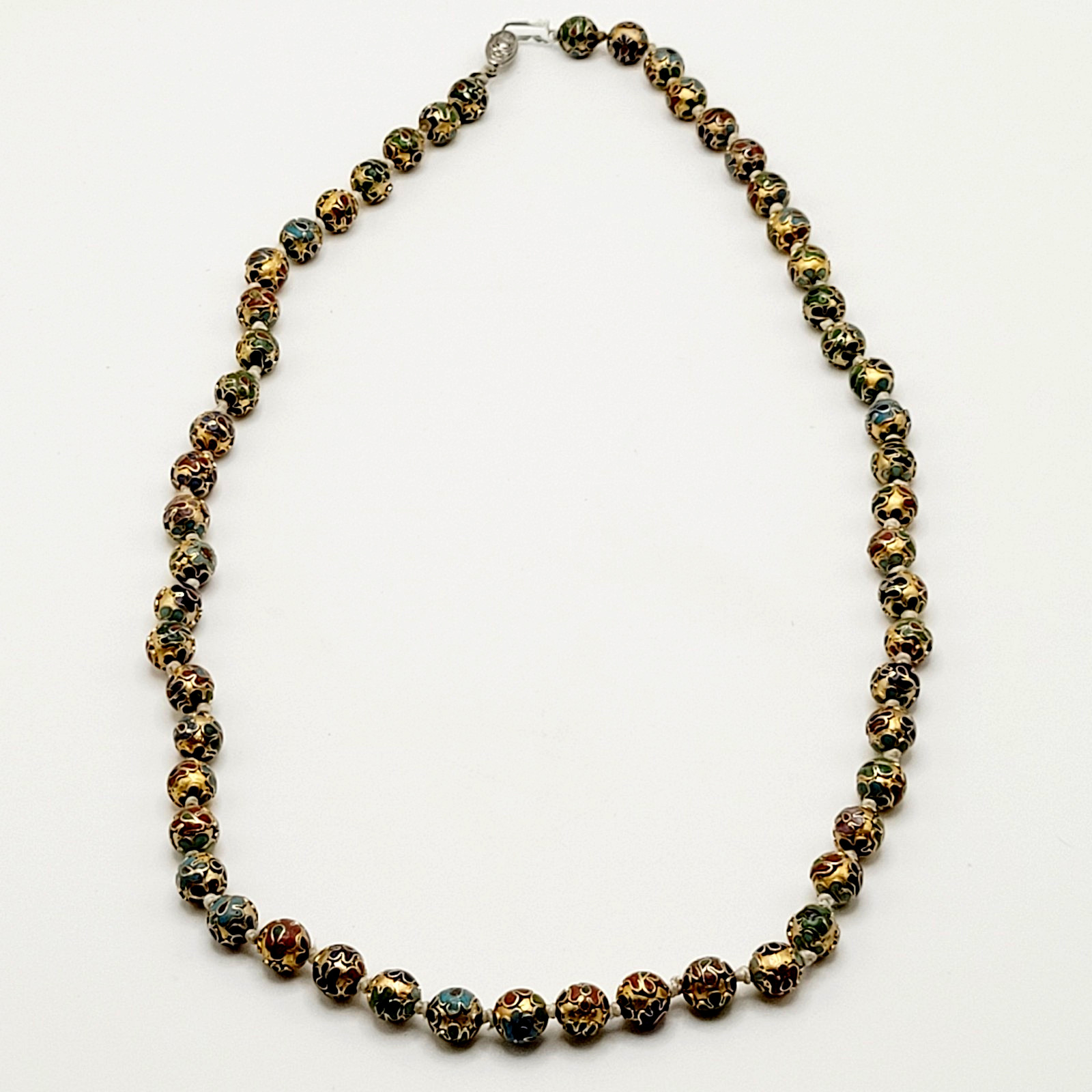 Chinese Cloisonné Floral Bead Hand Knot Circa 1930s Beaded Necklace 23 Inch
