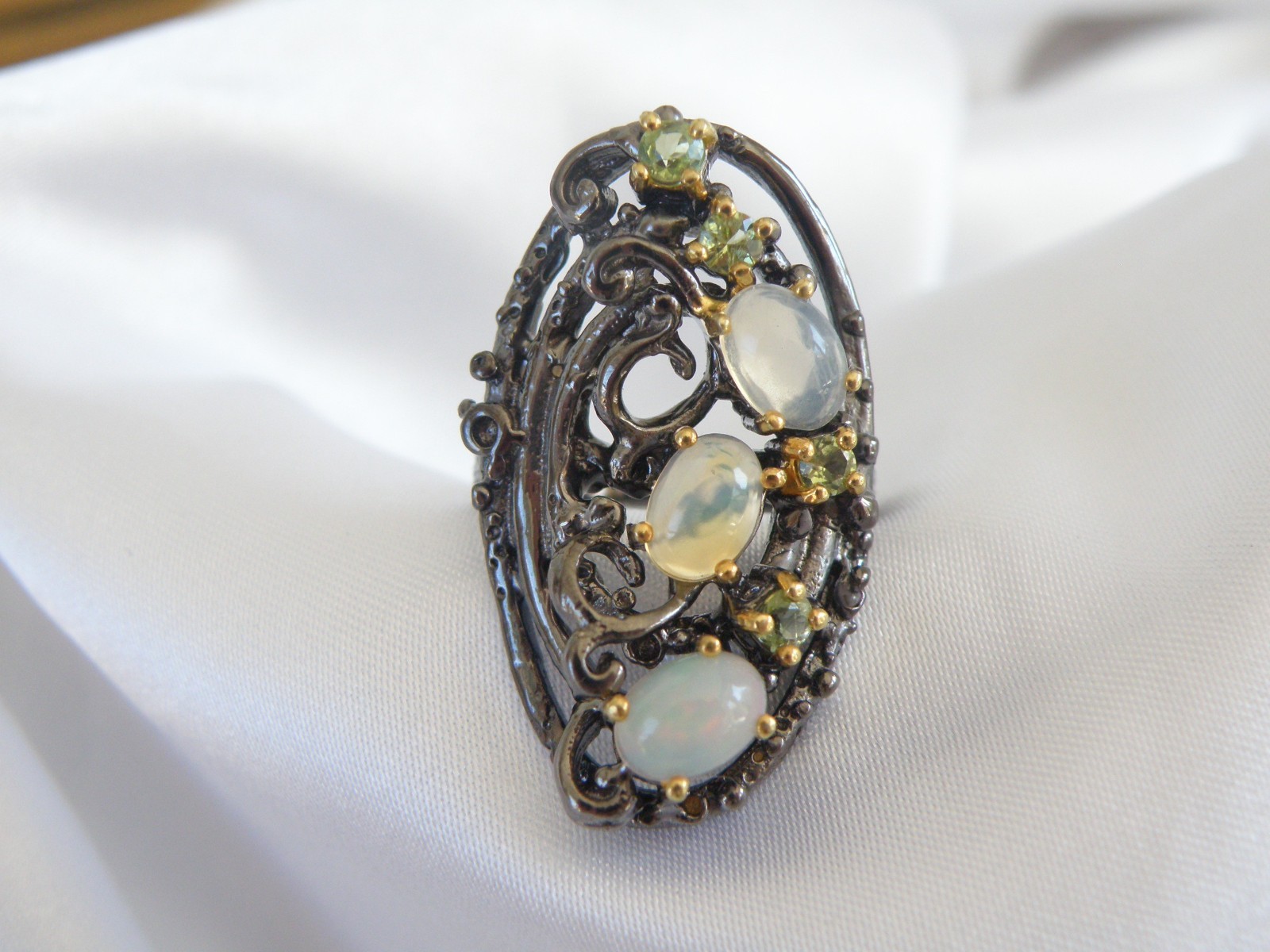 Brutalist Sterling Silver 925 Ethiopian Opal Peridot Modernist Ring Size 8