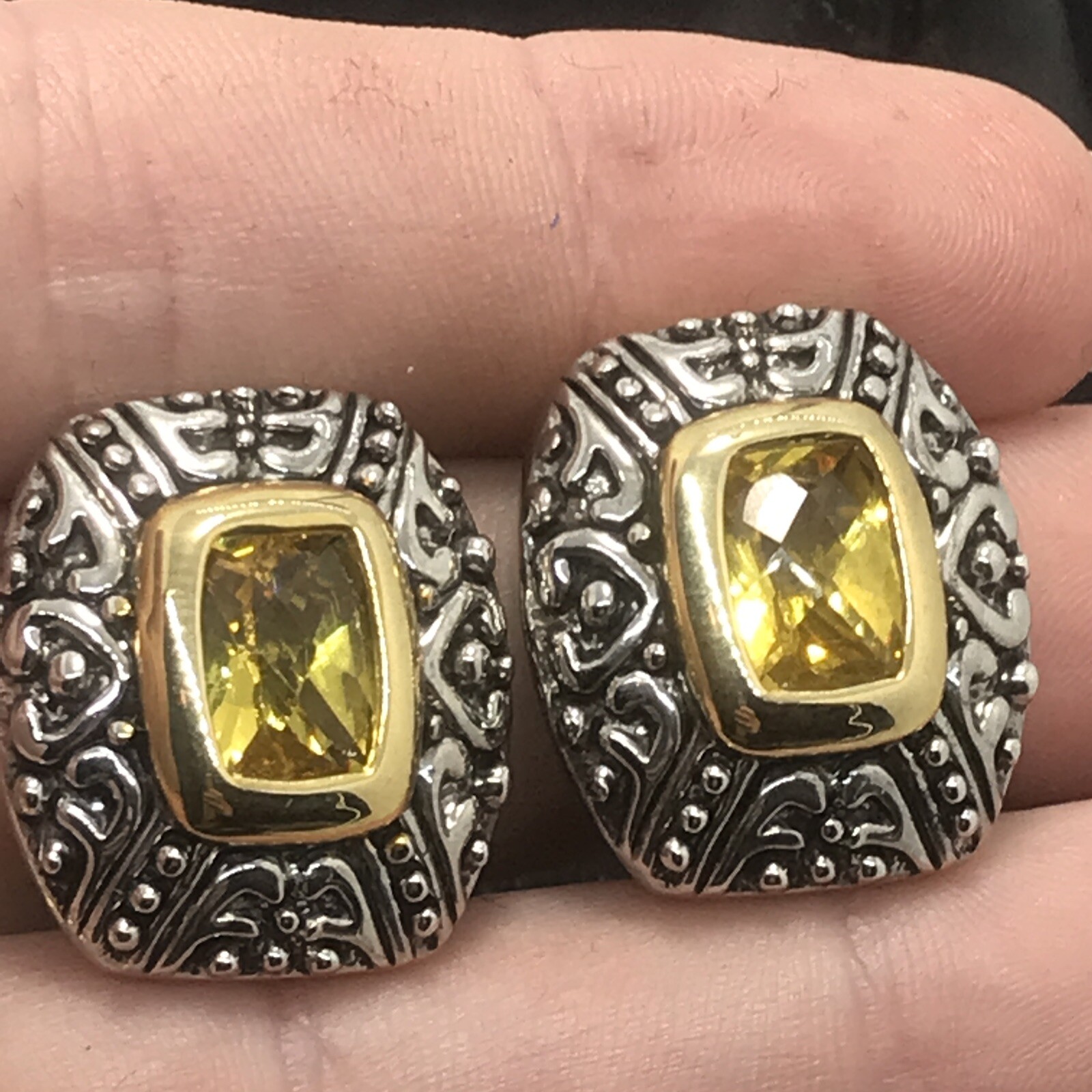 Vintage 2- tone Renaissance Revival Citrine Cubic Zirconia Clip-on Earrings