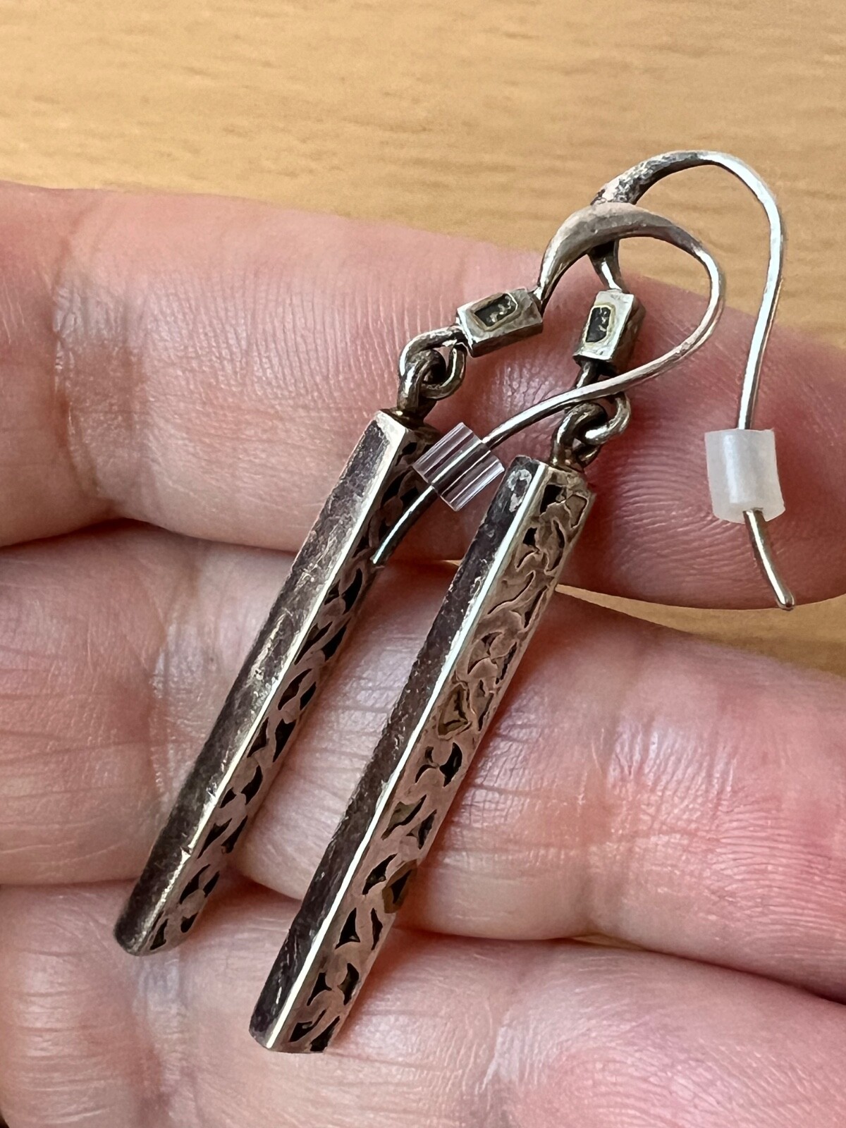 VINTAGE 925 STERLING SLVER MODERNIST ORNATE ETCHED BAR LONG DANGLE DROP EARRINGS