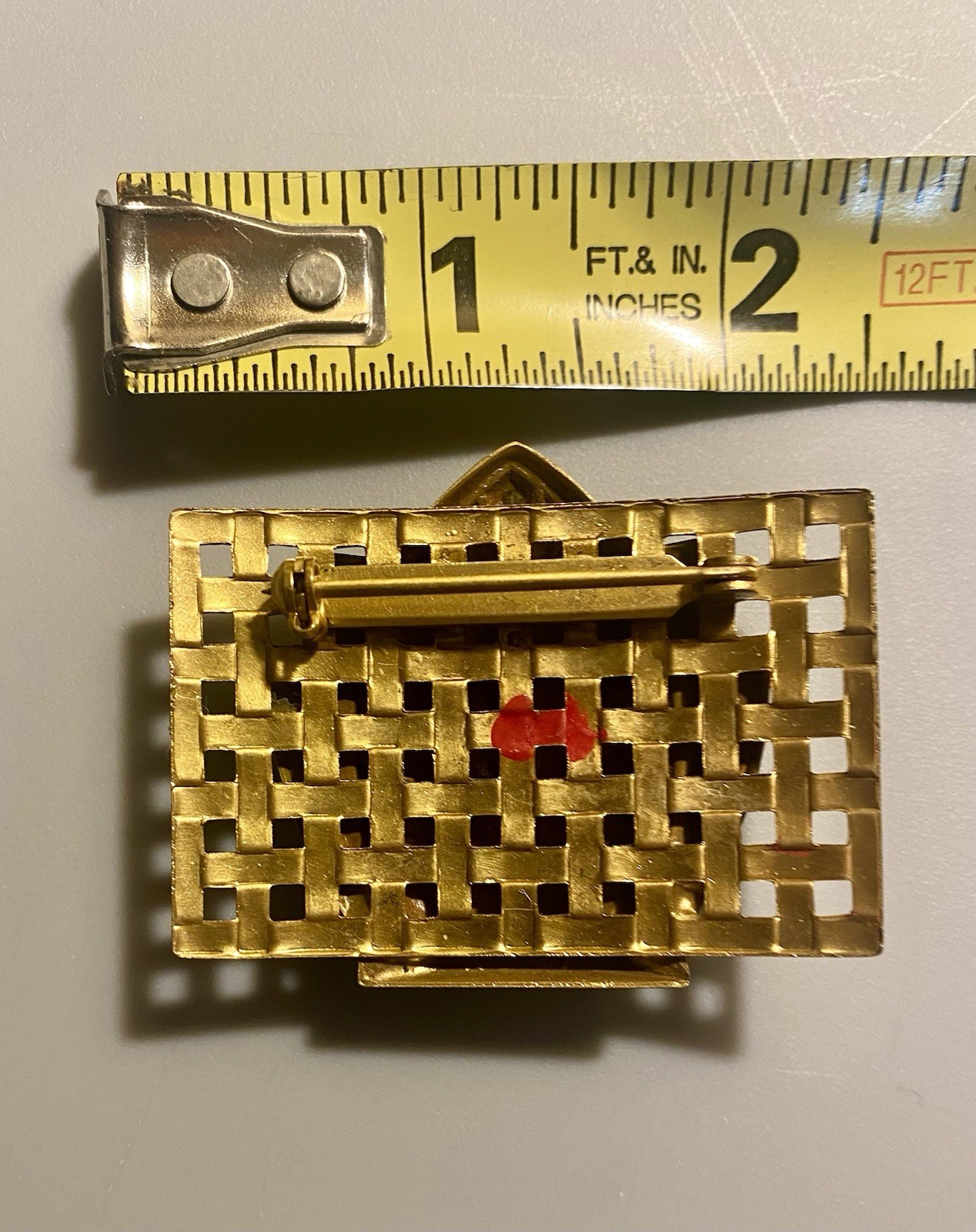 Vintage 80’s Art Deco Style Foil Cabochon Brass Tone Brooch Statement Piece