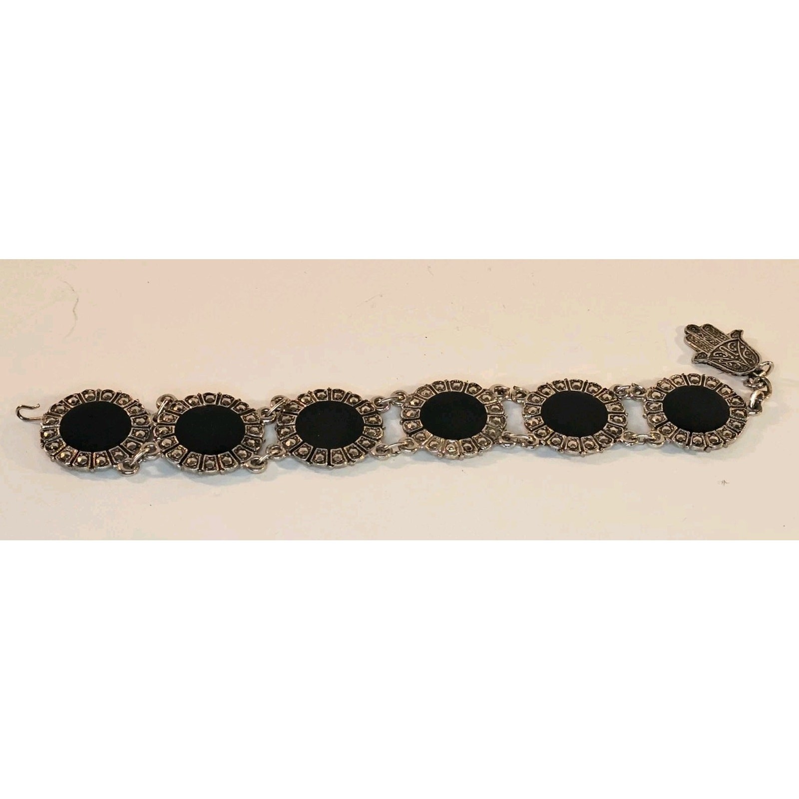 Vintage Souvenir Du Maroc Ornate Silver Bracelet w/Black Circles 8-9″