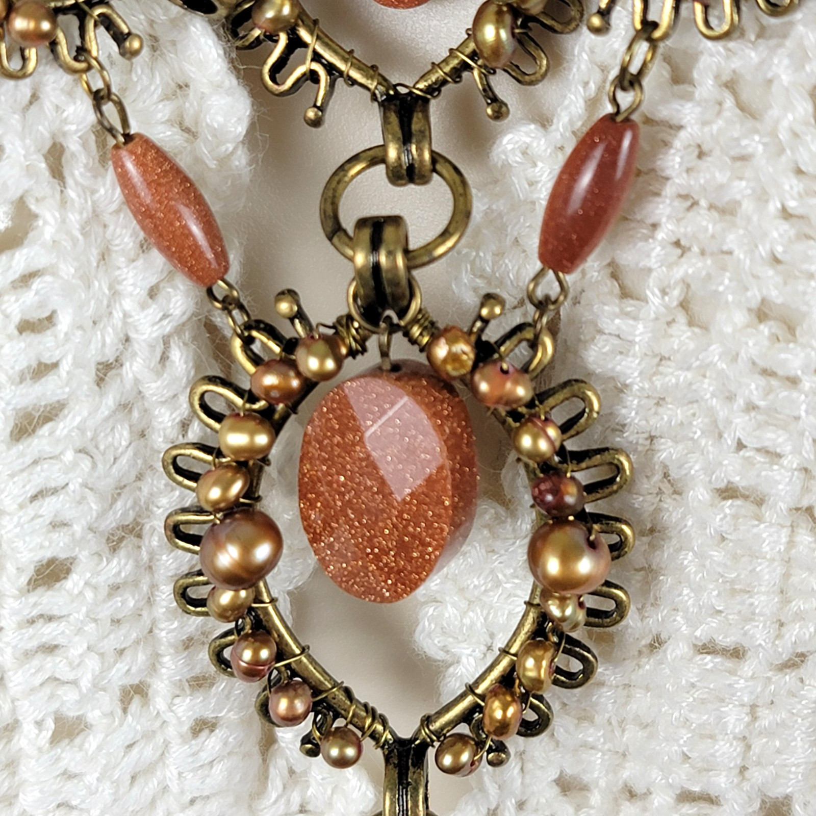 Vintage Coldwater Creek Goldstone and Pearls Bronze Tone Bib Festoon Necklace