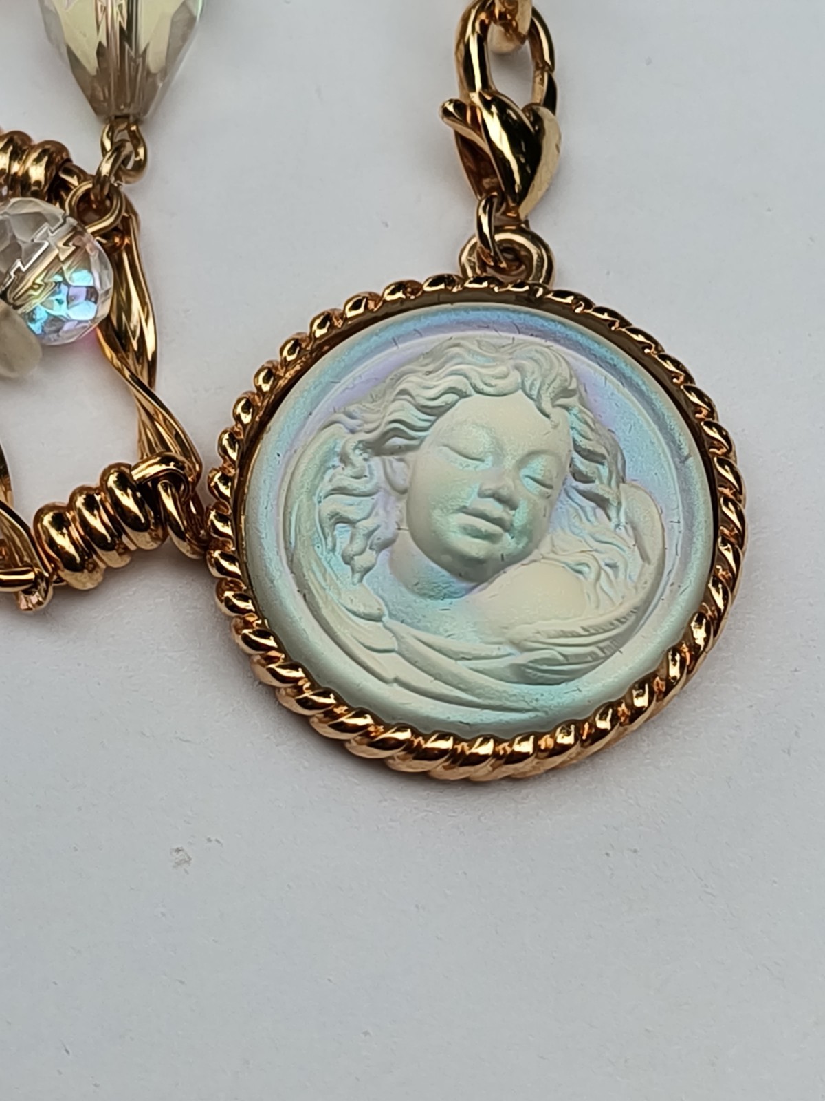 KIRKS FOLLY Angel Irade scent Love Never Dies Pendant AB Gold Tone 27″ Necklace