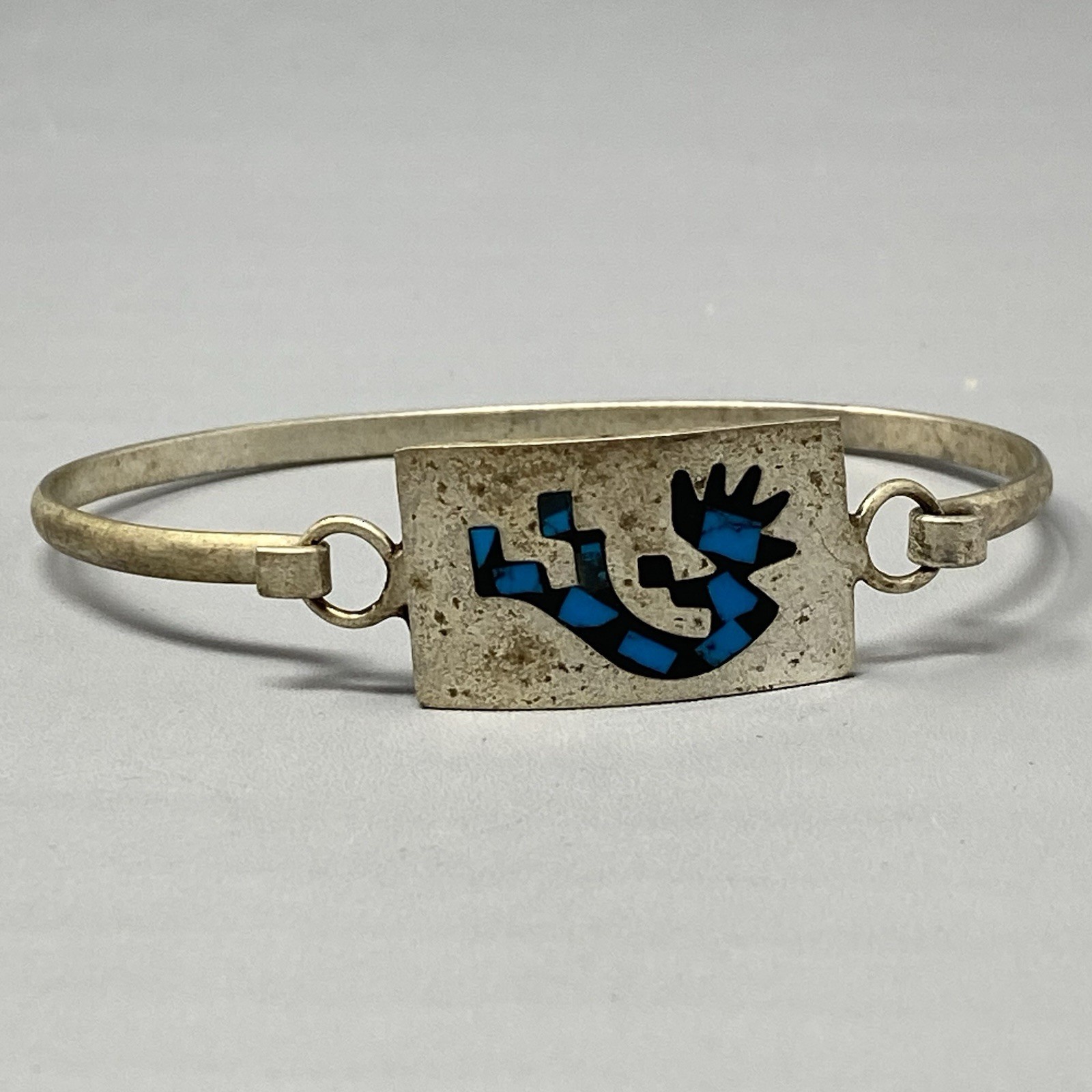 Vintage Turquoise Inlay Kokopelli Bangle Mexico Silver Unsigned Hook Clasp 7.25″