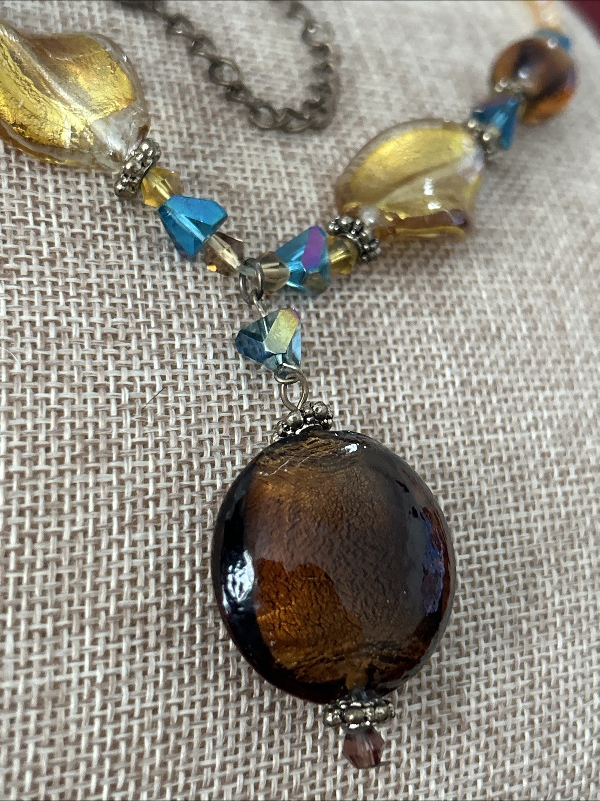 You & I Signed Vintage Boho Chunky Bead Multicolor Necklace Gold Tone Adj 19”