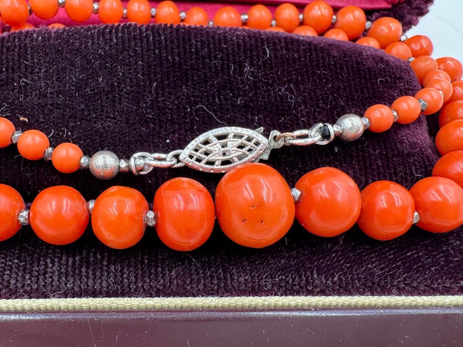 ANTIQUE OLD VICTORIAN NATURAL GENUINE CORAL NECKLACE 1 STRAND CHOKER STERLING SL