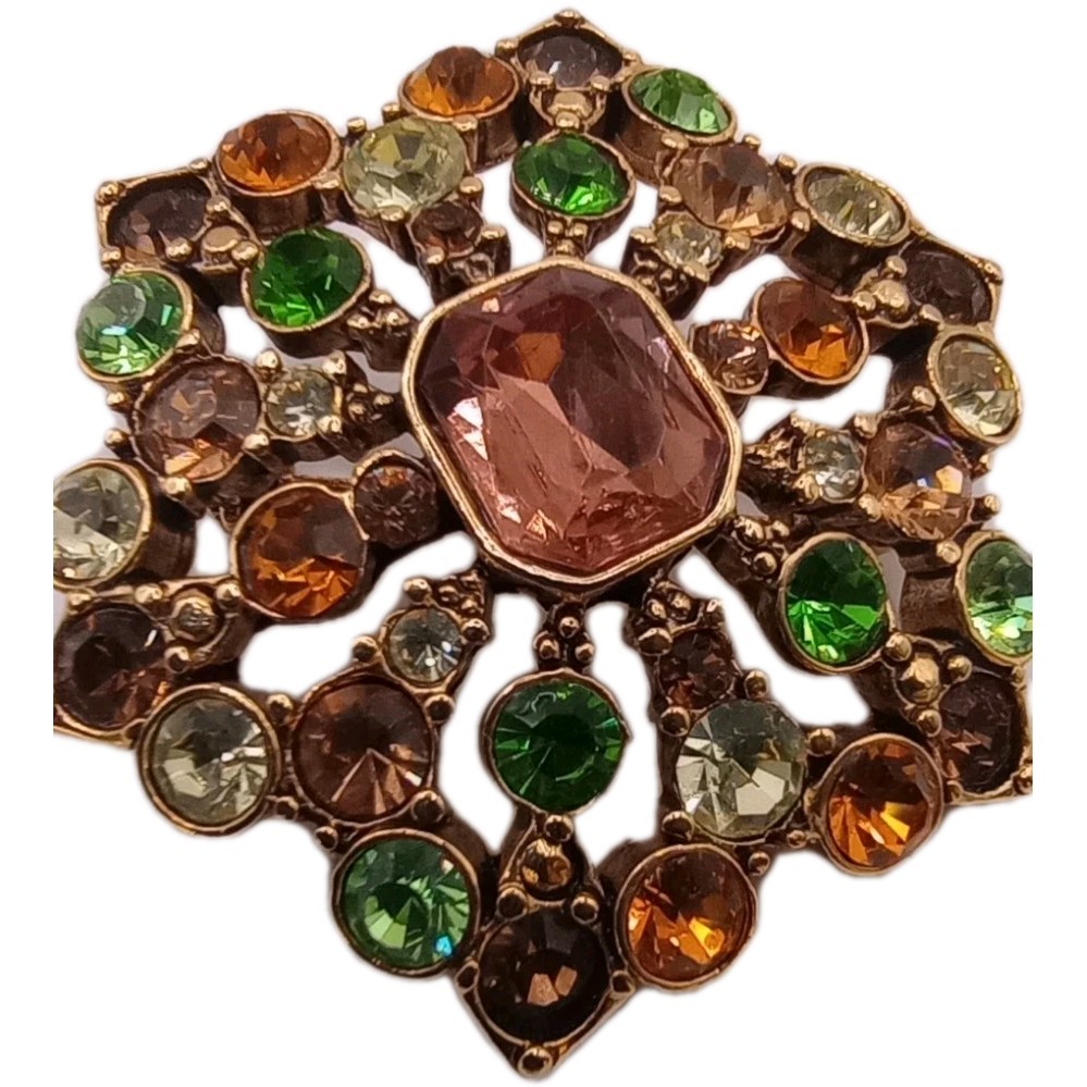 Vintage Liz Claiborne Floral Rhinestone Brooch Autumn Colors GT 1 3/4 in D
