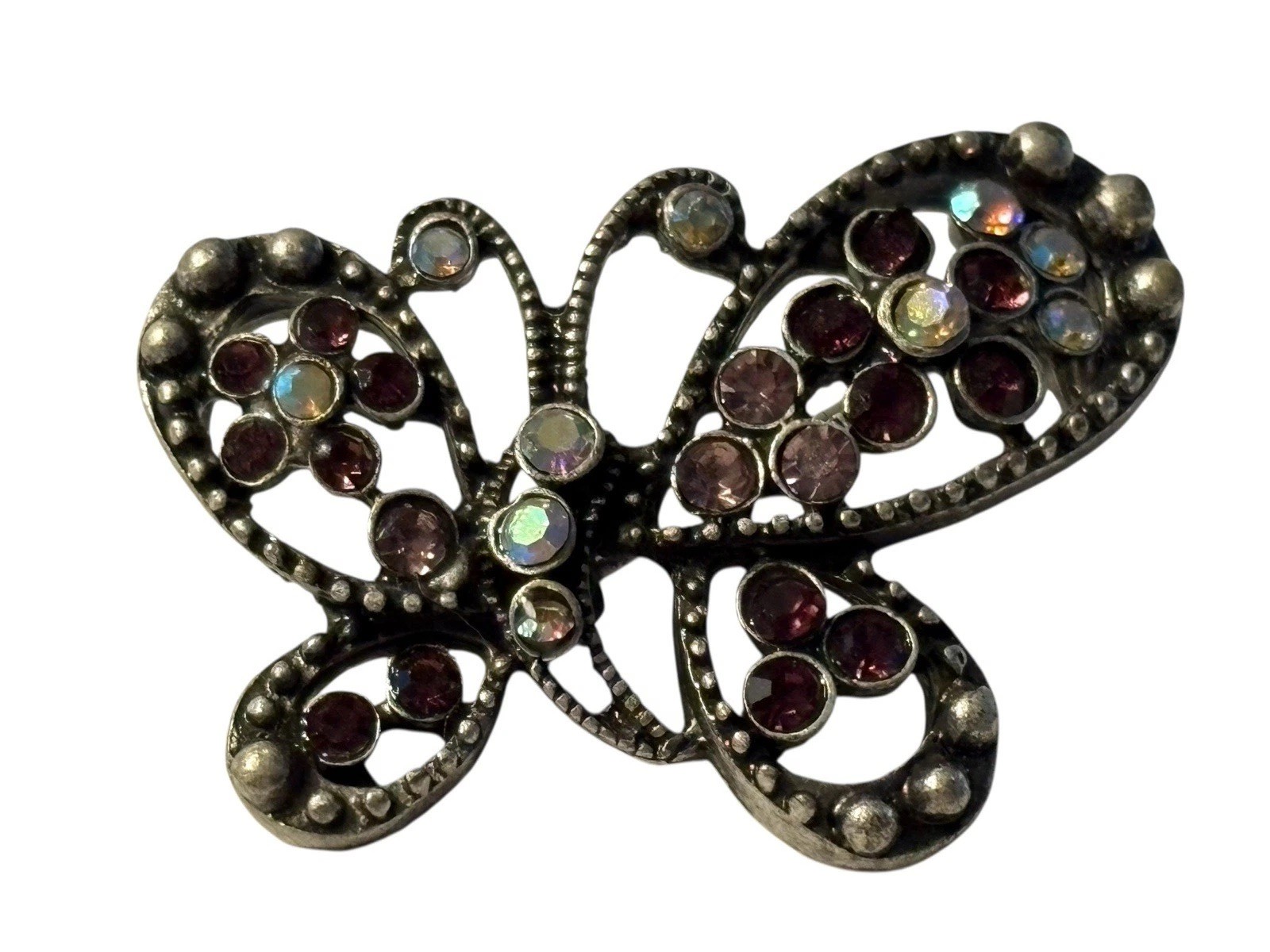 Butterfly Brooch Pin Silver Tone Purple Aurora Borealis Rhinestones Textured VTG