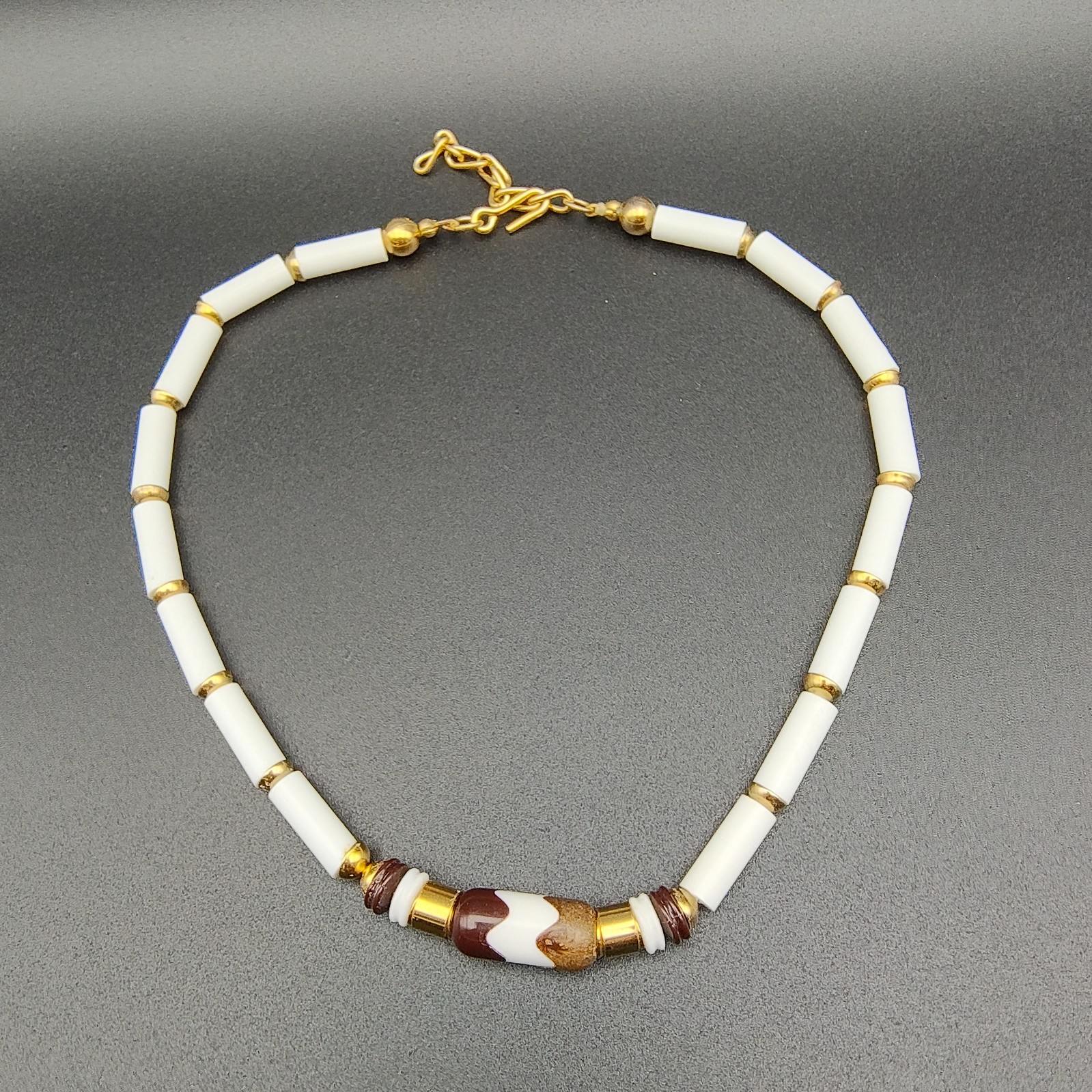 Vintage Boho Ethnic Beaded Statement Necklace White Brown Gold Tone Plastic 70s