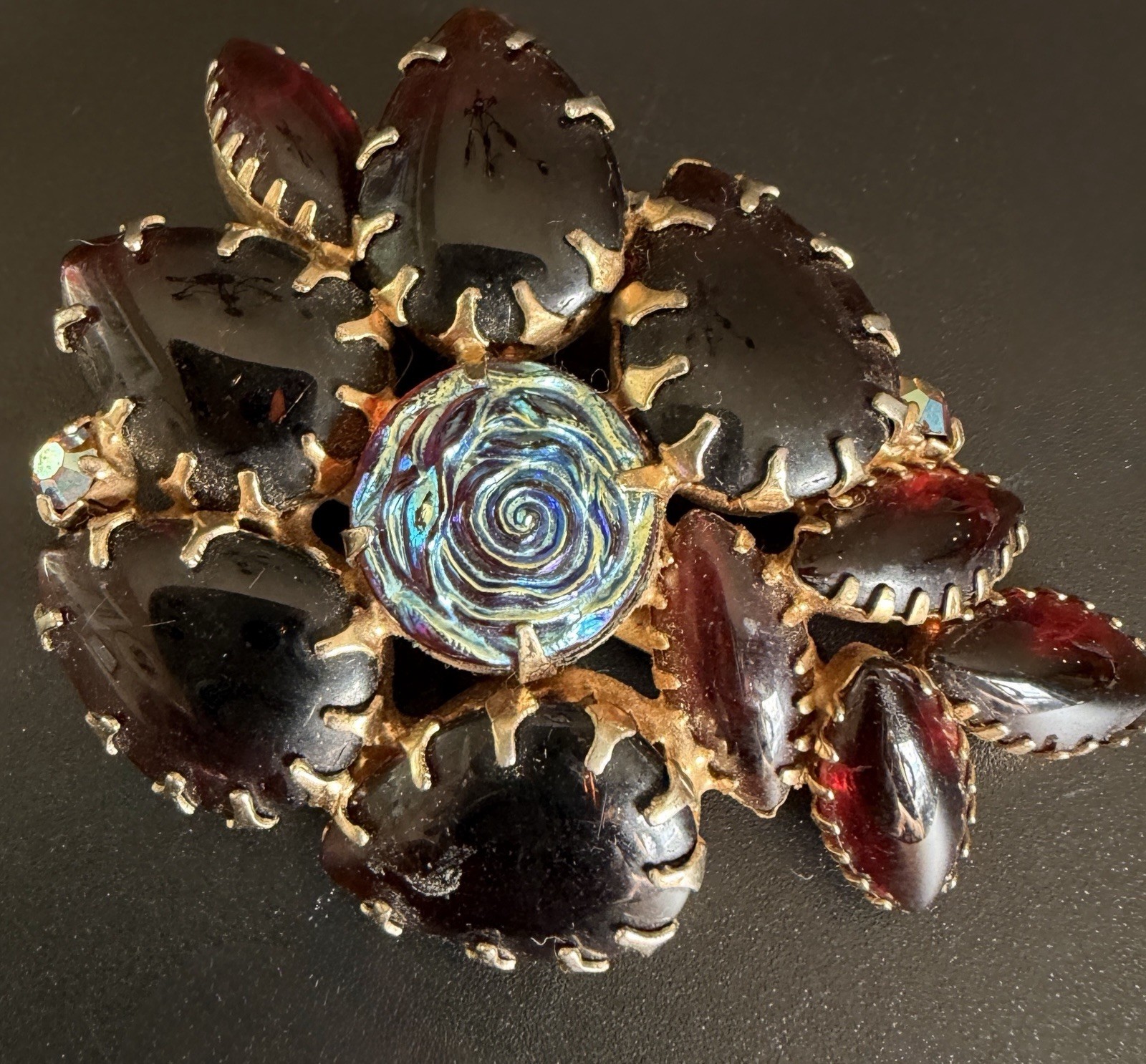 Deep Red Glass Molded Rose Brooch Art Glass Flower AB Rhinestone Statement Vtg