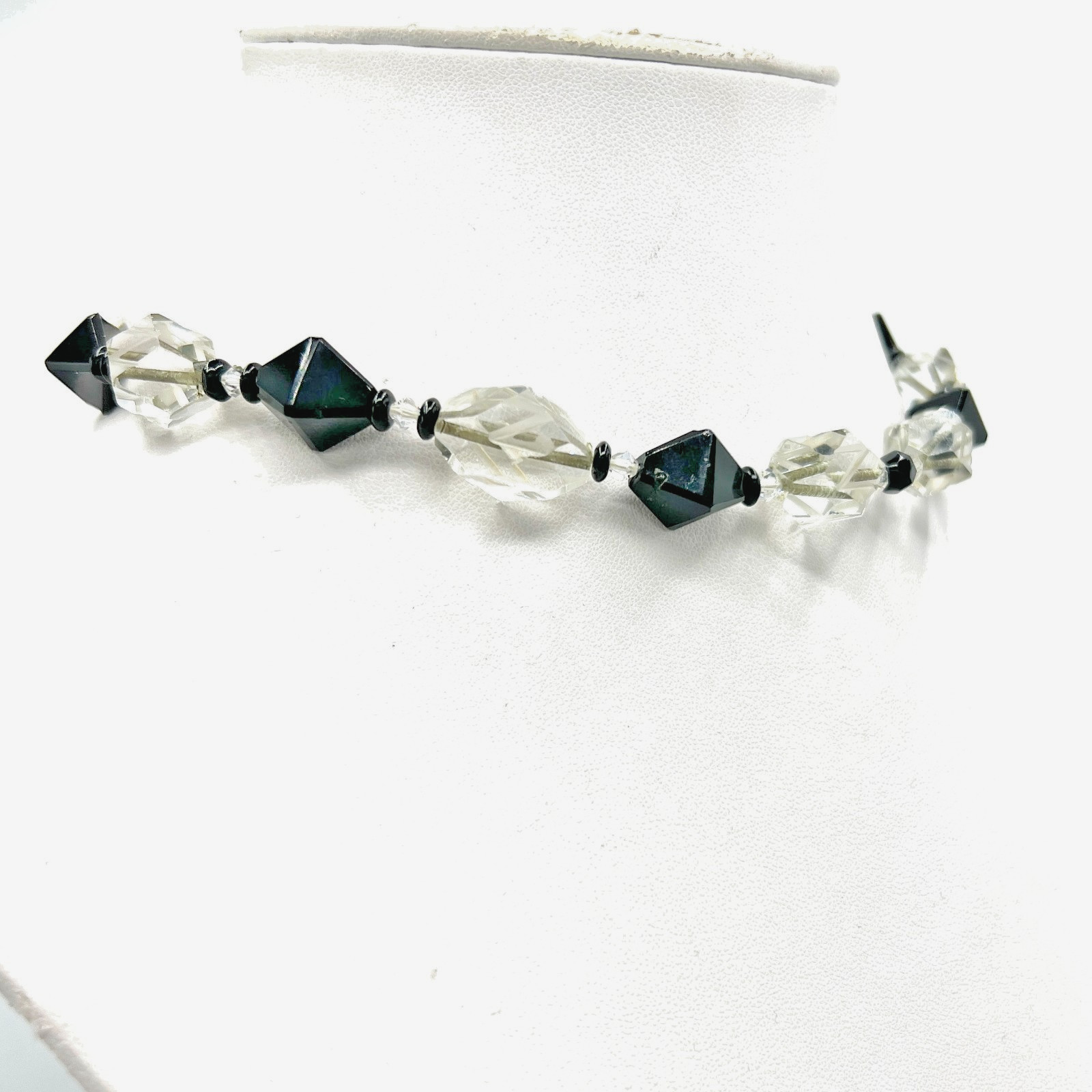 1920s Black & Clear Beveled Glass Bead Necklace Vintage Beads Later Assembled