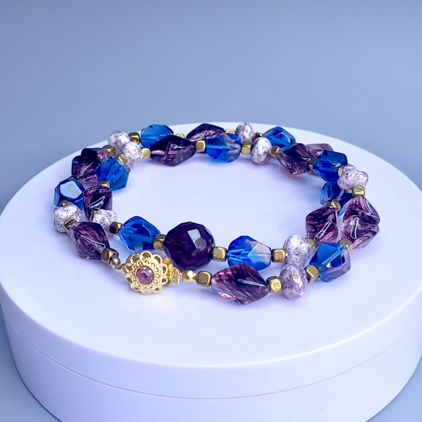 Necklace 20” Blue and Purple Glass Czech Vintage Beads Women`s Jewelry