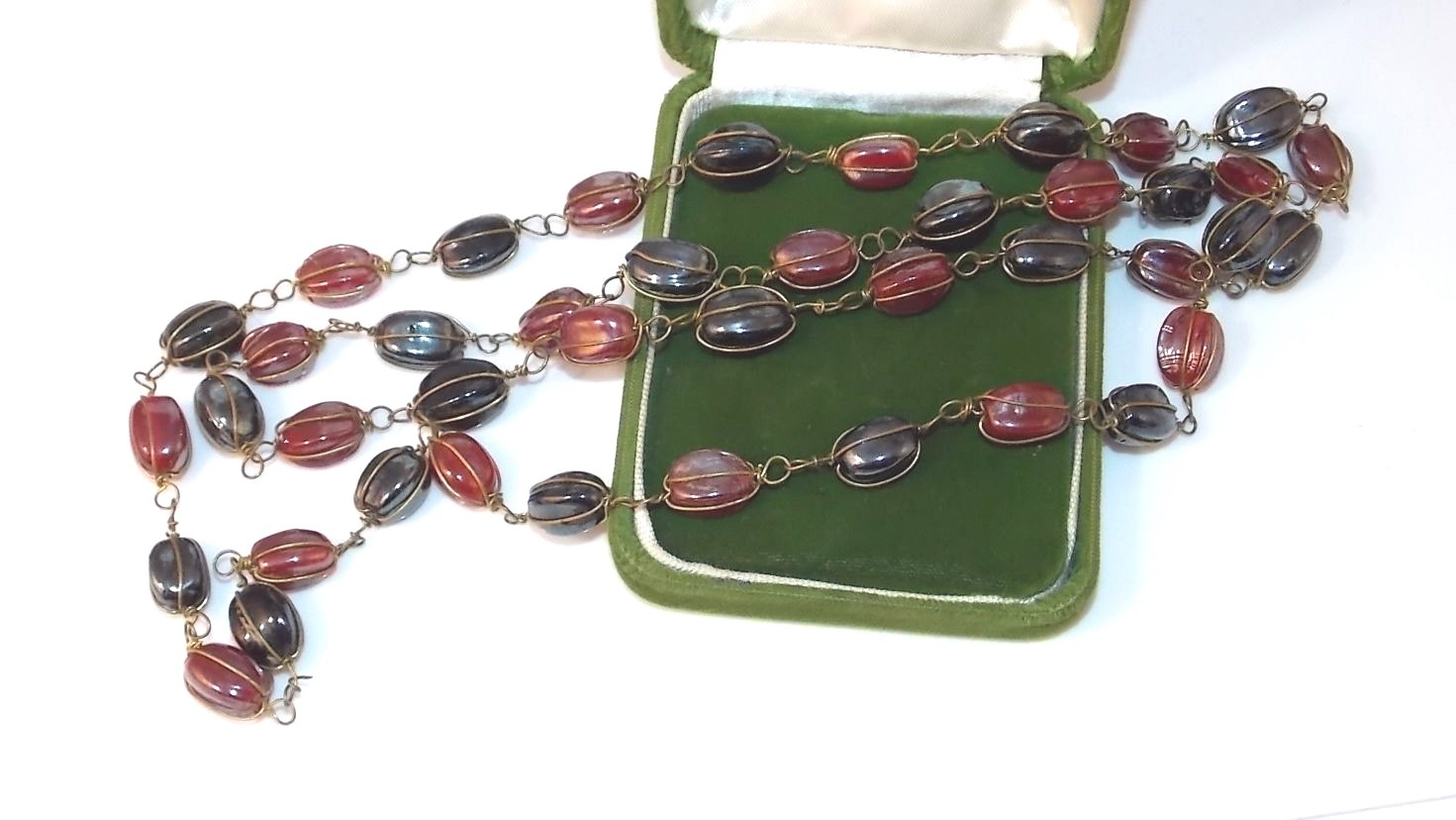 Vintage Red Black Molded Glass Wire Wrapped Link 38″ Long Wired Necklace 8b 20