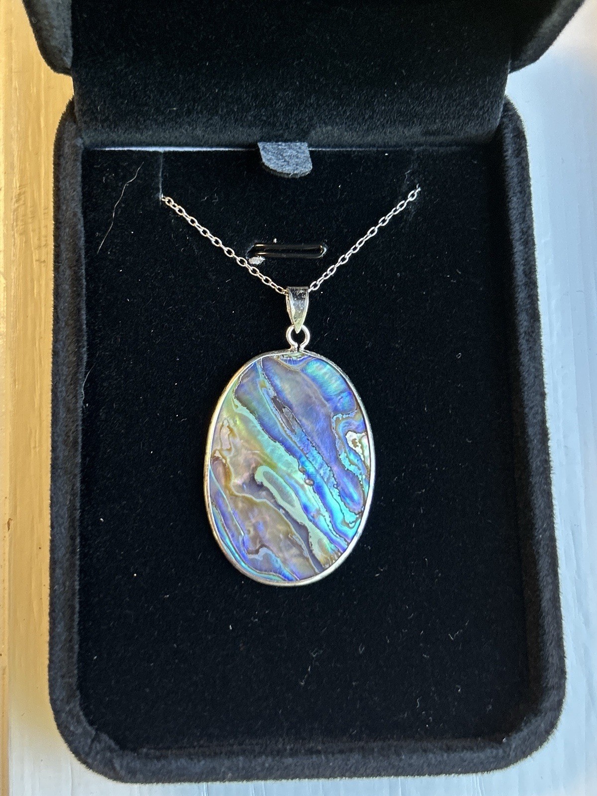 Vintage Sterling Silver Abalone Shell Pendant Necklace 18” Oval Iridescent