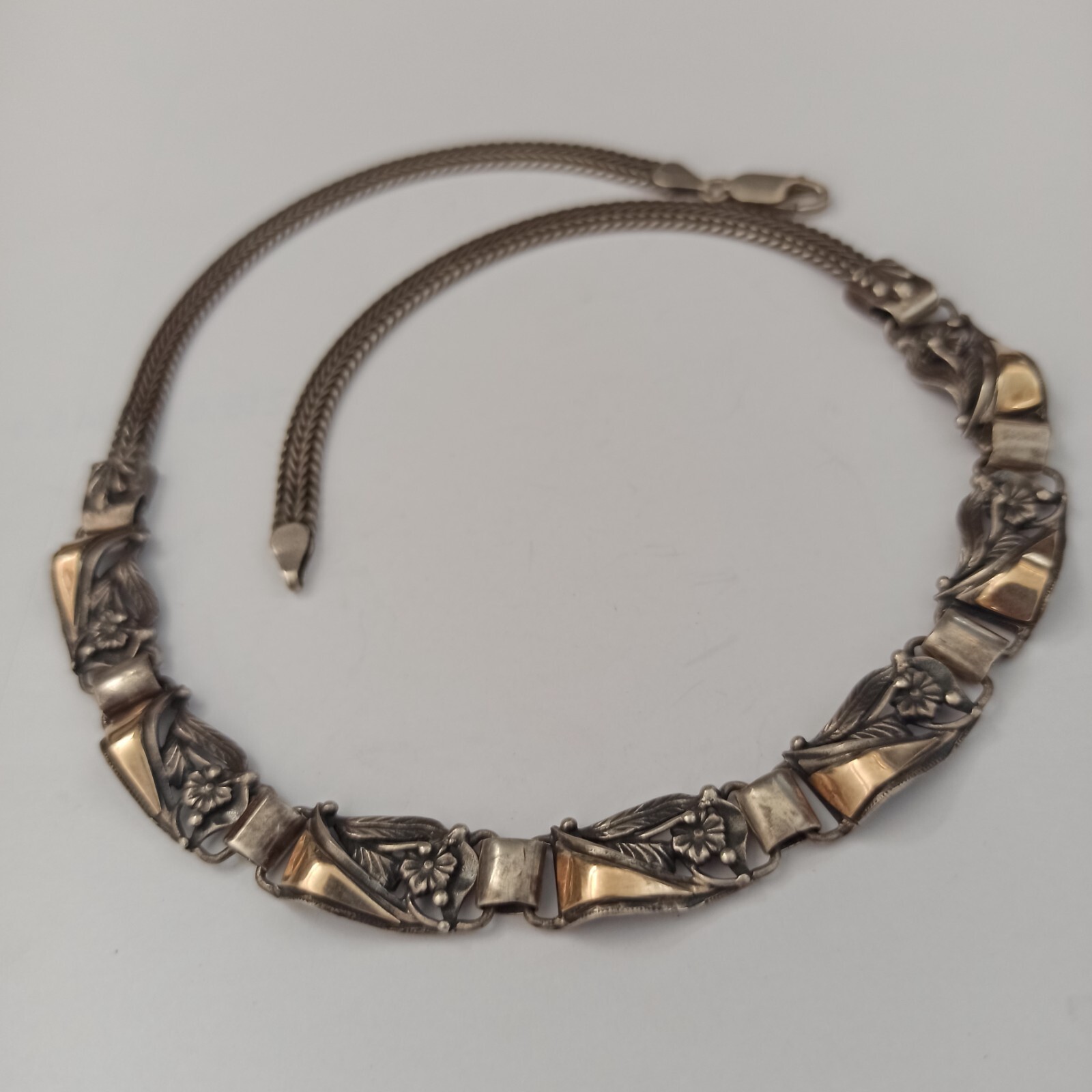 Vintage Silver Gold Necklace Bicolor Articulated Art Deco Revival Links 90s 925