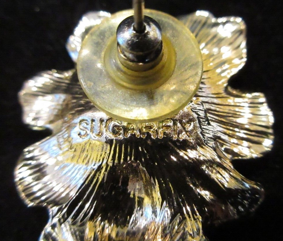 SUGARFIX Signed Gold Tone Metal Rose Earrings Crystal Rhinestone & Faux Pearl