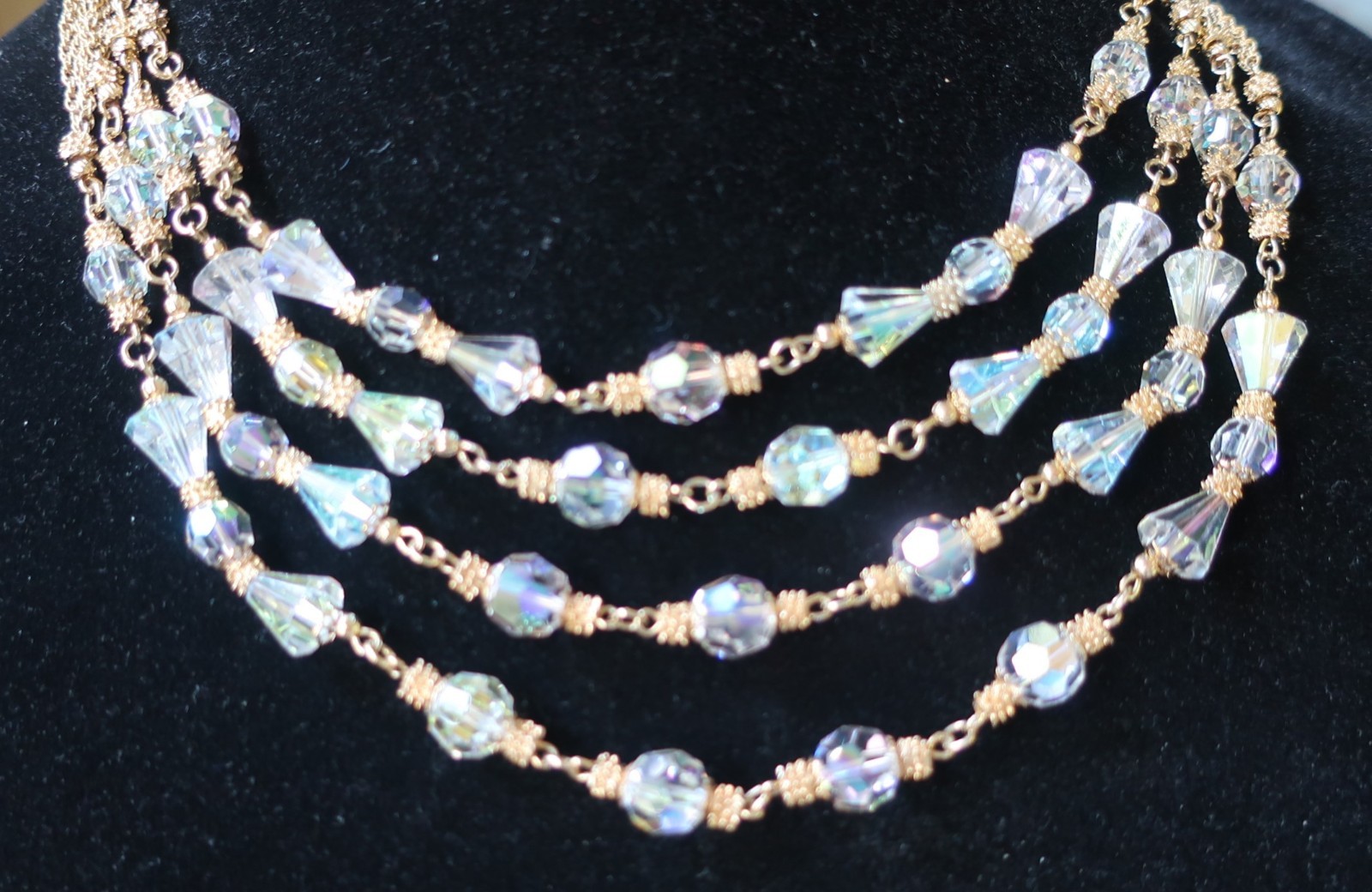 Statement Vendome Swarovski Crystal Beads Gold Plate Metal 4 Strand Necklace 18″
