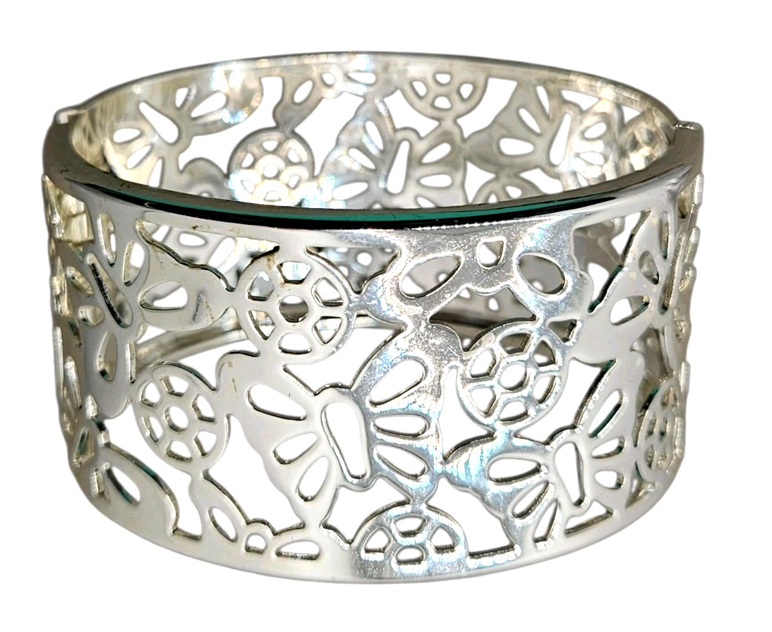 Wide Bangle Bracelet Hinged Silver Tone Butterfly Floral Open Work Shiny Clamper
