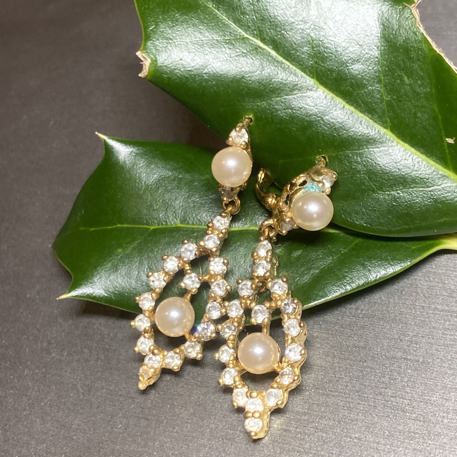 Vintage Pearl Earrings Estate Jewelry Pre-owned Gold Plated Crystal Lozenge Drop